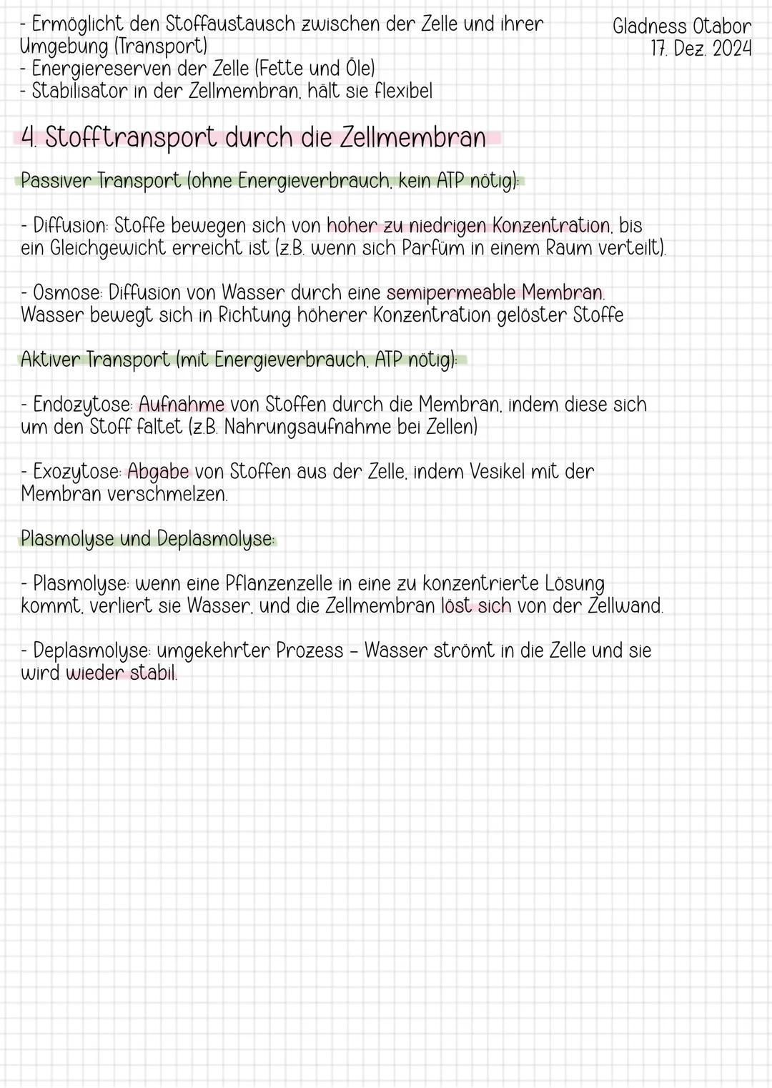 Lernzettel Biologie-Klausur
1. Aufbau der Tier- und Pflanzenzelle
Tierzelle:
- keine Zellwand
-
-
- Zellmembran als äußere Begrenzung (regul