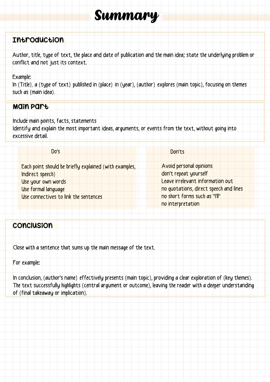 Summary
Introduction
Author, title, type of text, the place and date of publication and the main idea; state the underlying problem or
confl