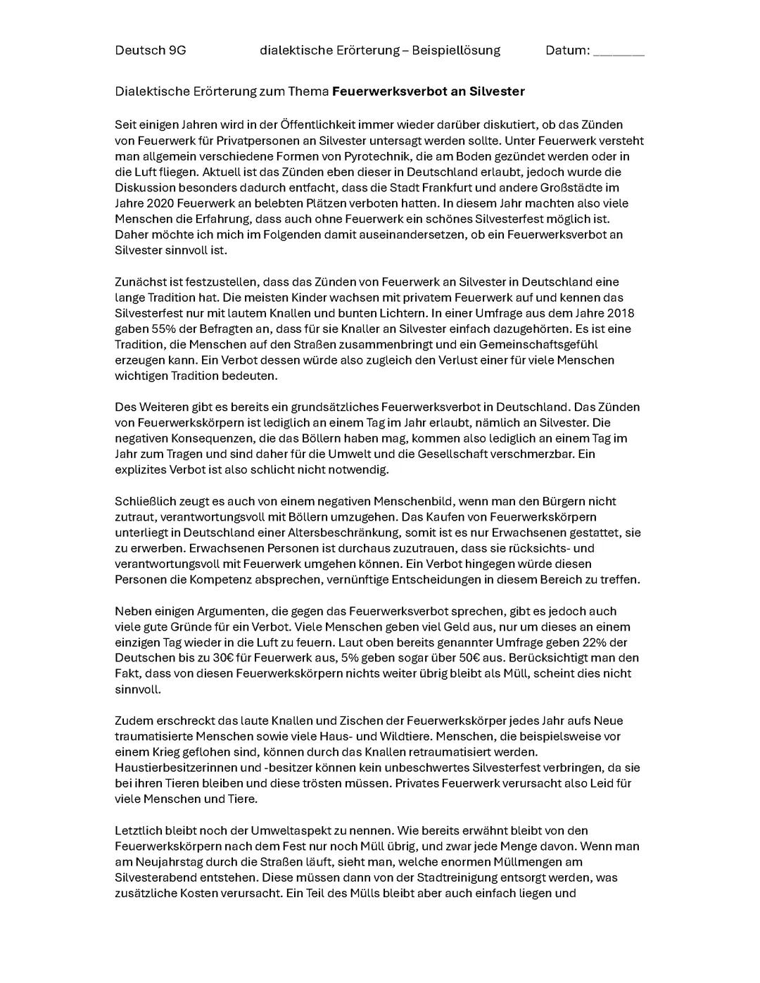 Dialektische Erörterung Feuerwerksverbot an Silvester