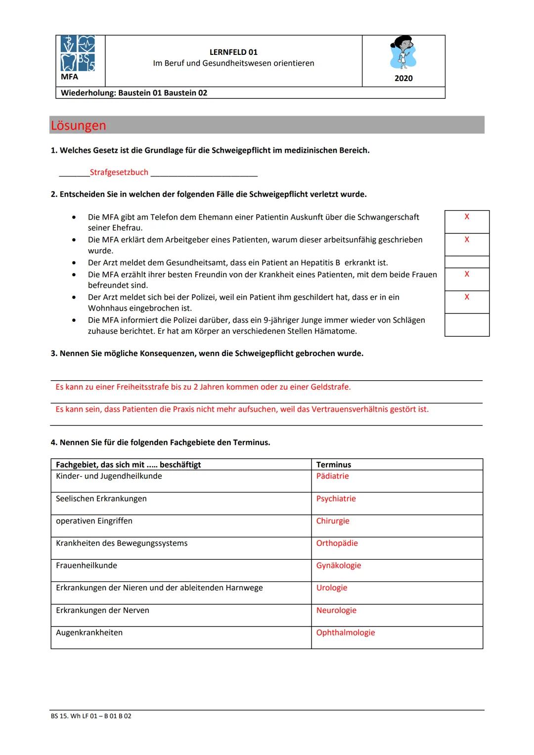 MFA
LERNFELD 01
Im Beruf und Gesundheitswesen orientieren
Wiederholung: Baustein 01 Baustein 02
2020
1. Welches Gesetz ist die Grundlage