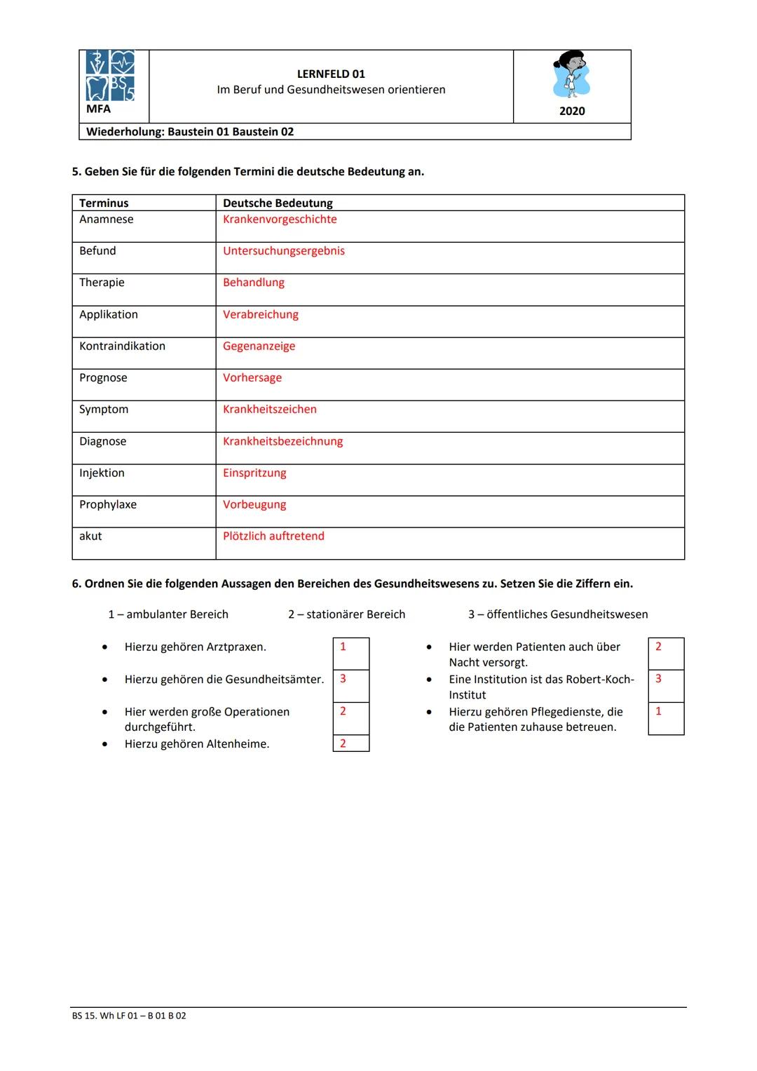 MFA
LERNFELD 01
Im Beruf und Gesundheitswesen orientieren
Wiederholung: Baustein 01 Baustein 02
2020
1. Welches Gesetz ist die Grundlage
