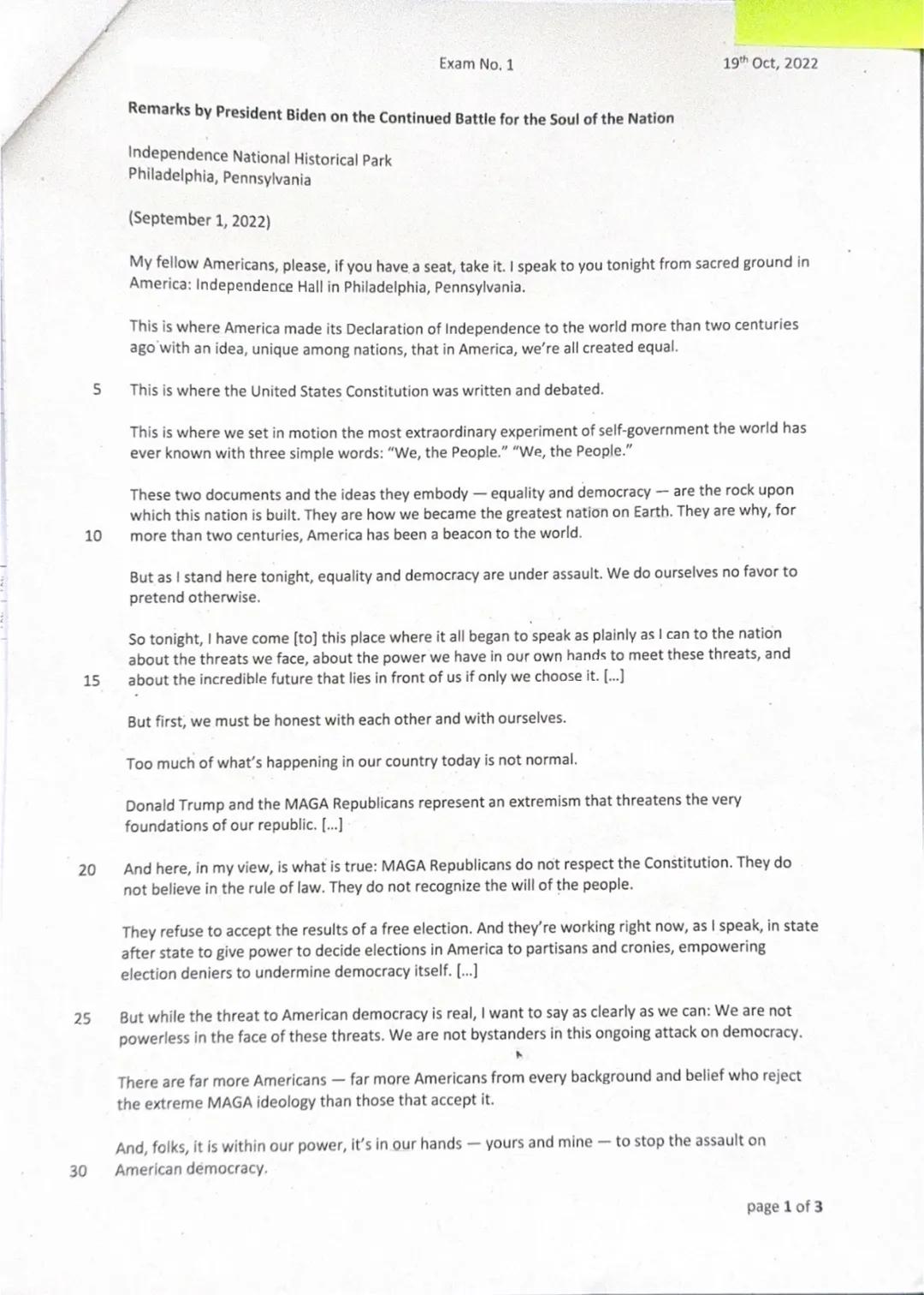 Exam No. 1
19th Oct, 2022
Remarks by President Biden on the Continued Battle for the Soul of the Nation
Independence National Historical P