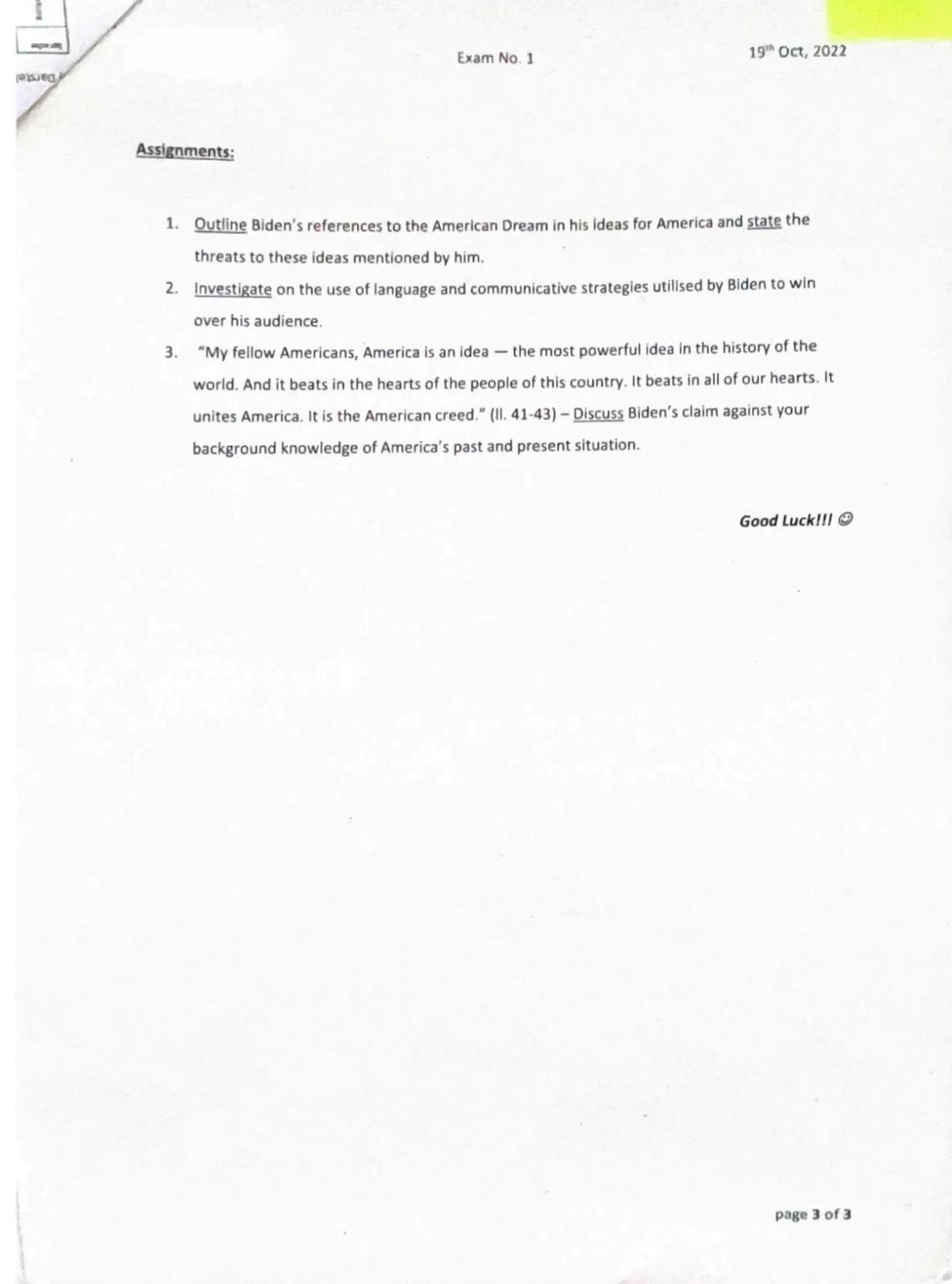Exam No. 1
19th Oct, 2022
Remarks by President Biden on the Continued Battle for the Soul of the Nation
Independence National Historical P