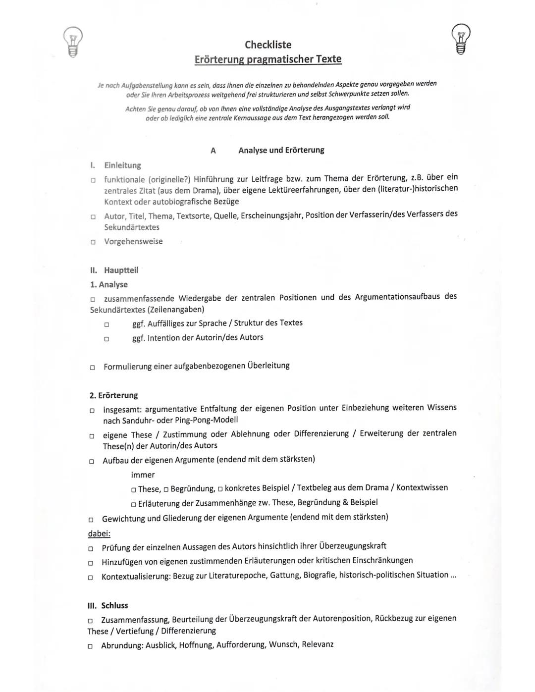 # Checkliste
# Erörterung pragmatischer Texte
Je nach Aufgabenstellung kann es sein, dass ihnen die einzelnen zu behandelnden Aspekte gena