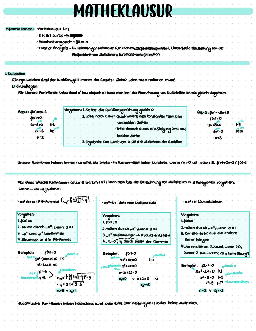 Analysis EF (Nullstellen/Differenzenquotient/Linearfaktordarstellung/Vielfachheit/Transformation)