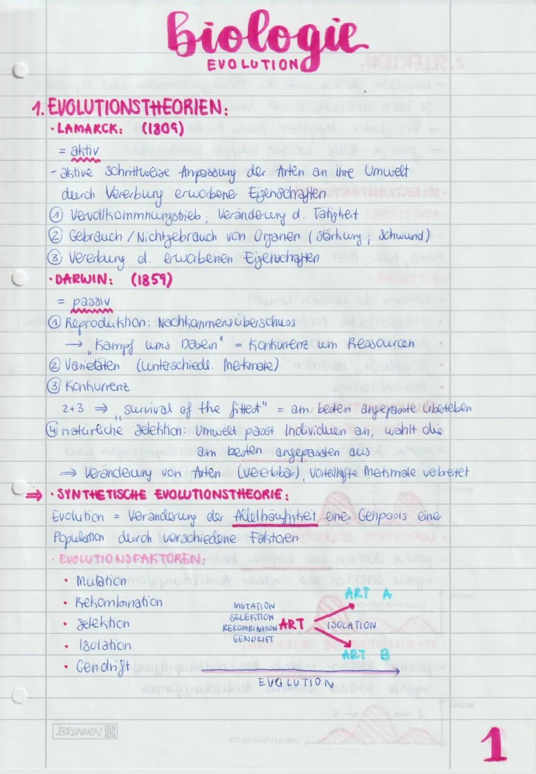 Biologie
Evolution # biologie
EVOLUTIOND
1. EVOLUTIONS THEORIEN:
- LAMARCK: (1809)
= aktiv
- aktive schrittweise Anpassung der Arten an