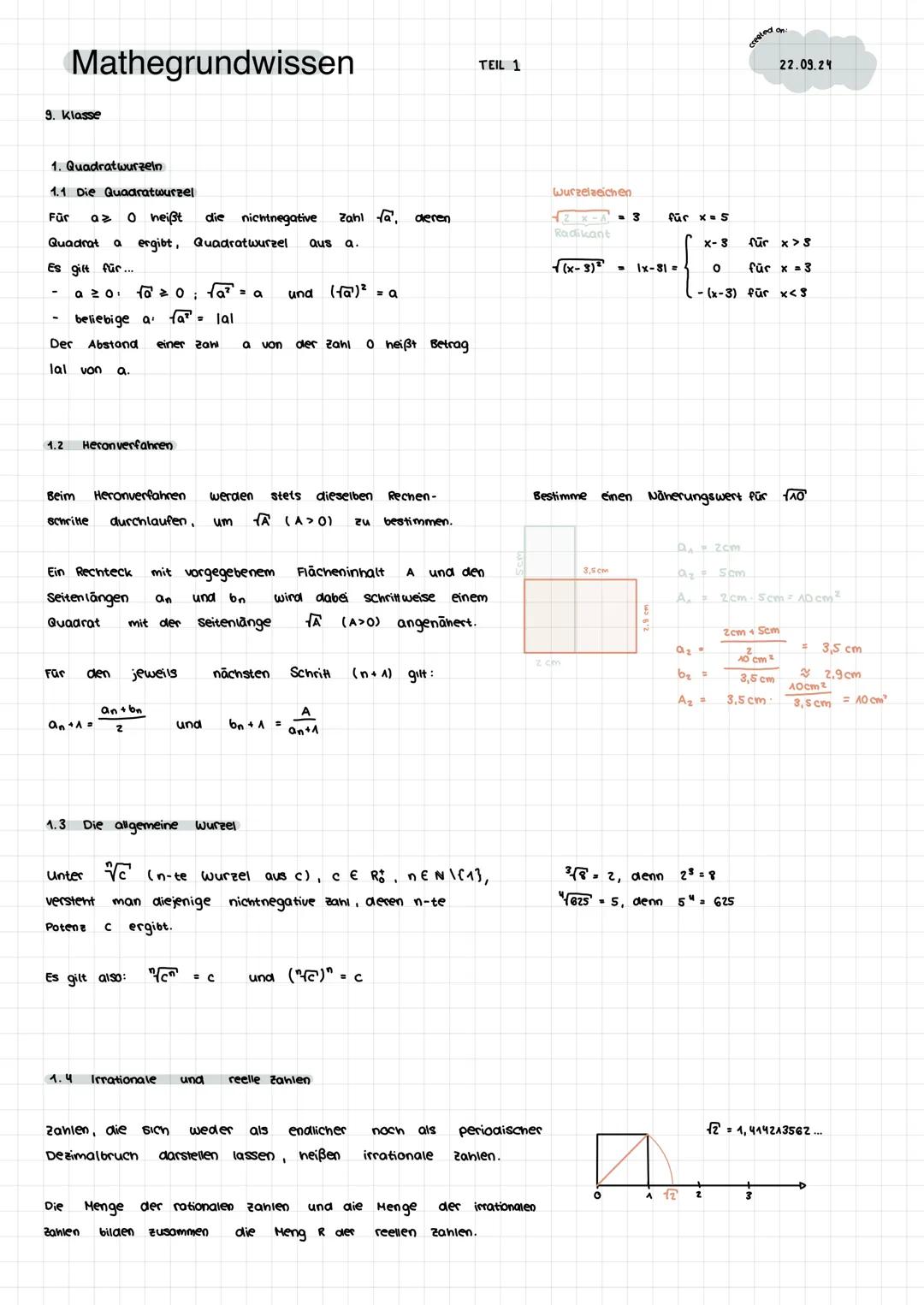 Mathegrundwissen
TEIL 1
9. Klasse
created on
22.09.24
1. Quadratwurzeln
1.1 Die Quadratwurzel
Für a≥ O heißt die
nichtnegative Zahl fa deren