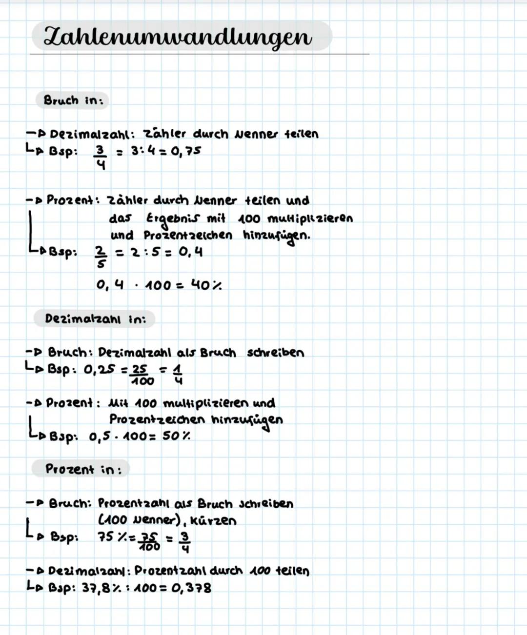 Zahlenumwandlungen
Bruch in:
- Dezimalzahl: Zähler durch wenner feilen
Lp Bsp: 3 = 3:4=0,75
५
- Prozent: Zähler durch wenner teilen und
+ Bs