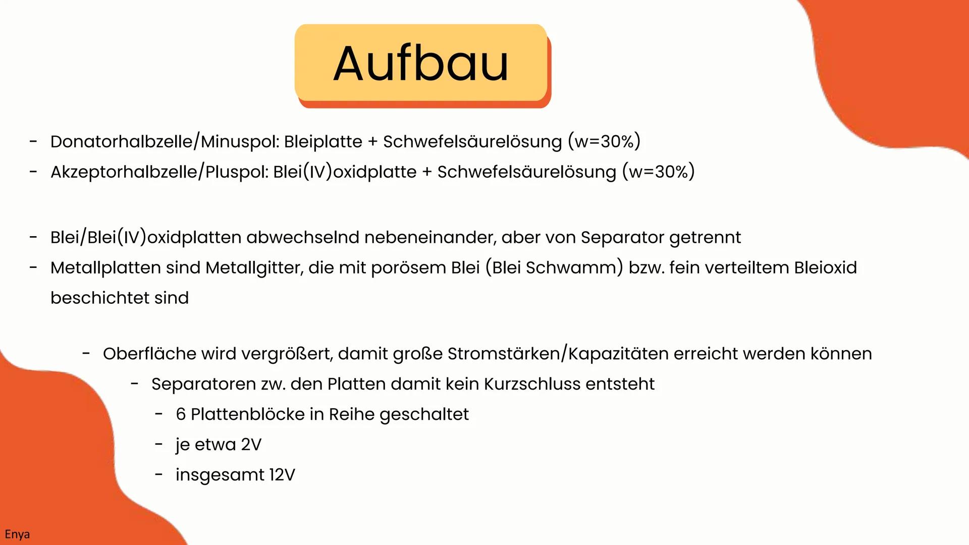 # Der Bleiakkumulator
Elektrochemie
Chemie LK 2024
Enya, Aneli, Paula # Ablauf
Enya
* Aufbau
* Funktionsweise
* Reaktionsgleichung