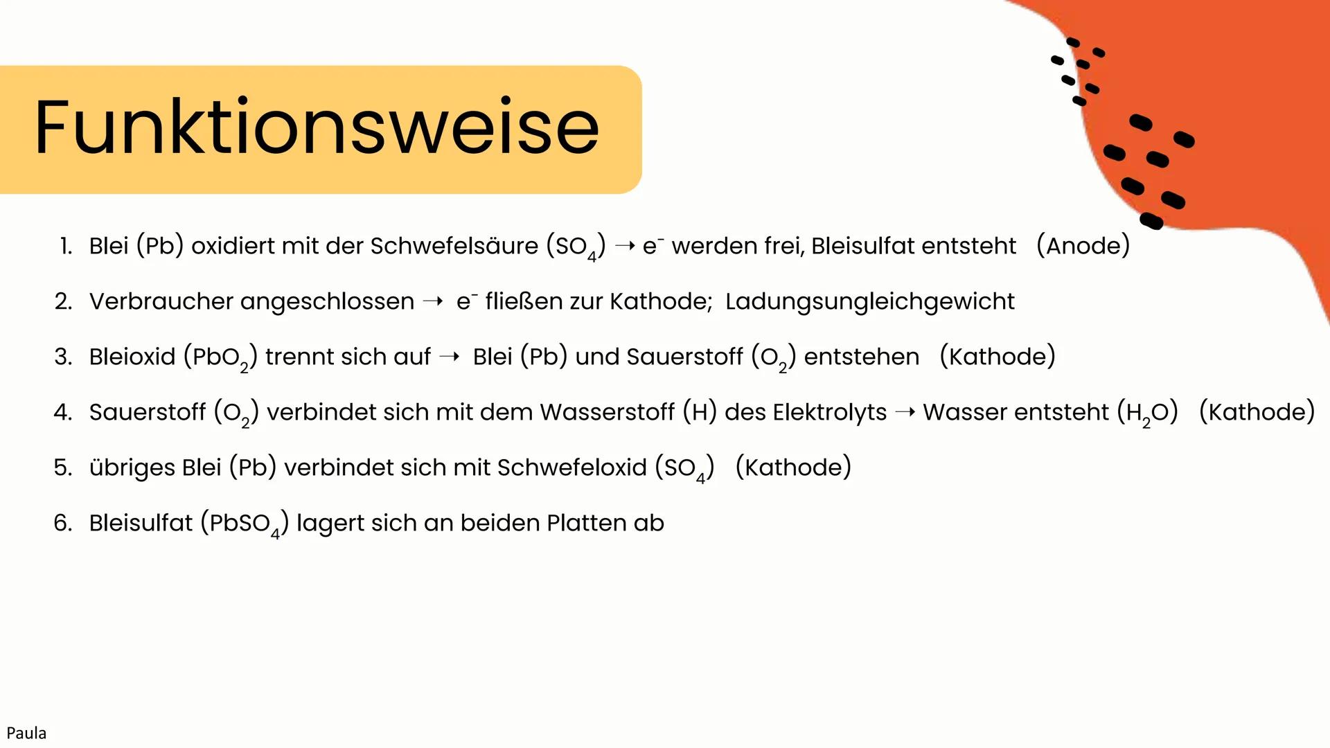 # Der Bleiakkumulator
Elektrochemie
Chemie LK 2024
Enya, Aneli, Paula # Ablauf
Enya
* Aufbau
* Funktionsweise
* Reaktionsgleichung