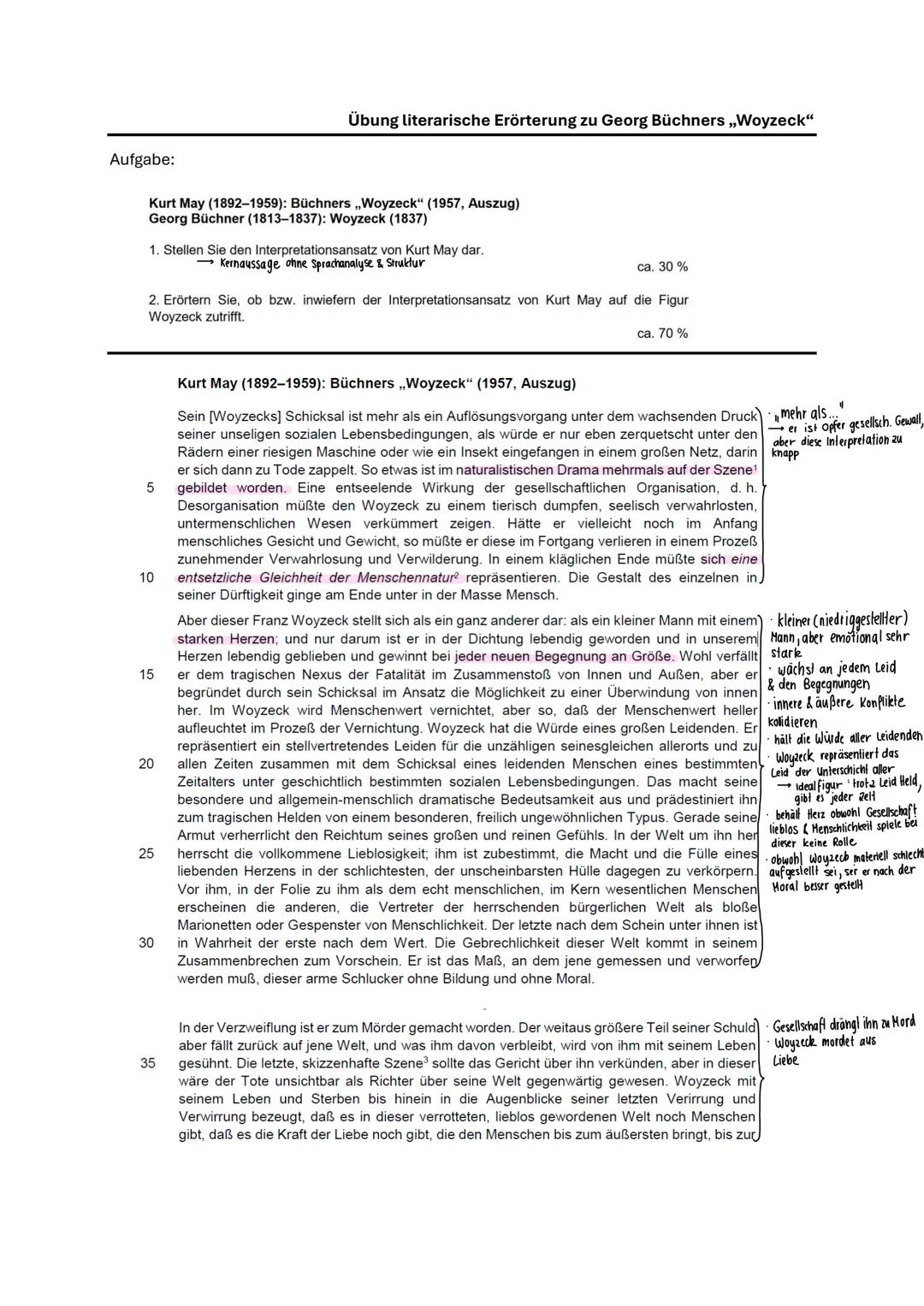 Aufgabe:
Übung literarische Erörterung zu Georg Büchners „Woyzeck"
Kurt May (1892-1959): Büchners „Woyzeck" (1957, Auszug)
Georg Büchner (18
