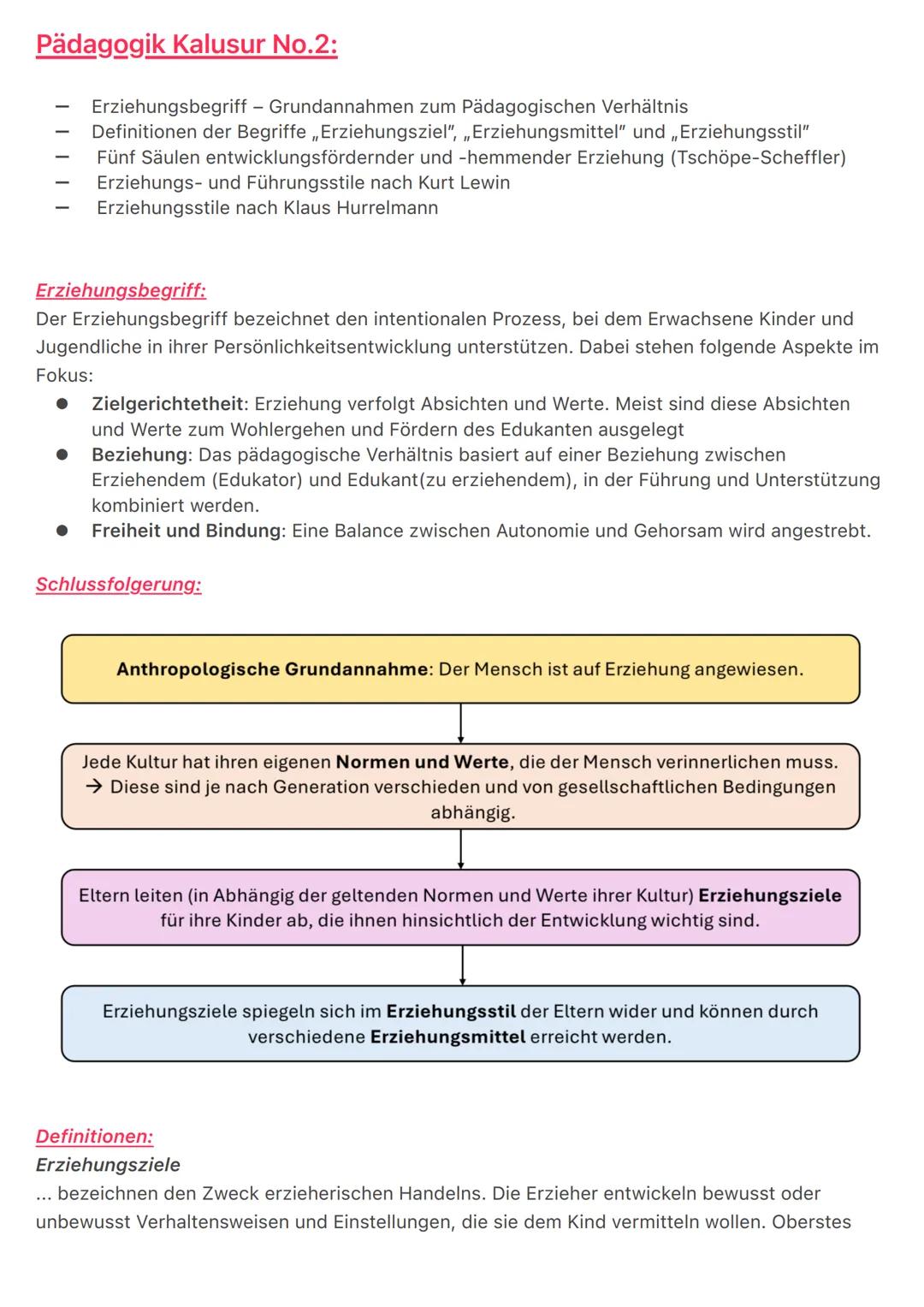 Pädagogik Kalusur No.2:
- Erziehungsbegriff - Grundannahmen zum Pädagogischen Verhältnis
- Definitionen der Begriffe „Erziehungsziel", „Erz