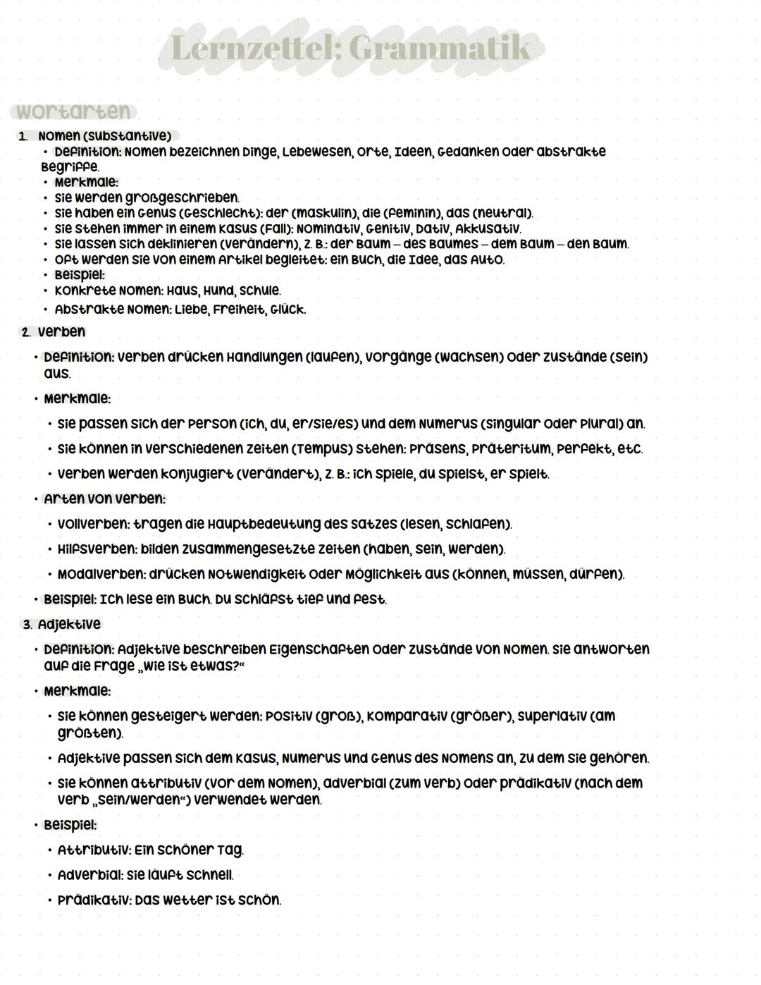 Lernzettel: Grammatik
Wortarten.
1. Nomen (substantive)
Definition: Nomen bezeichnen Dinge, Lebewesen, orte, Ideen, Gedanken oder abstrakte