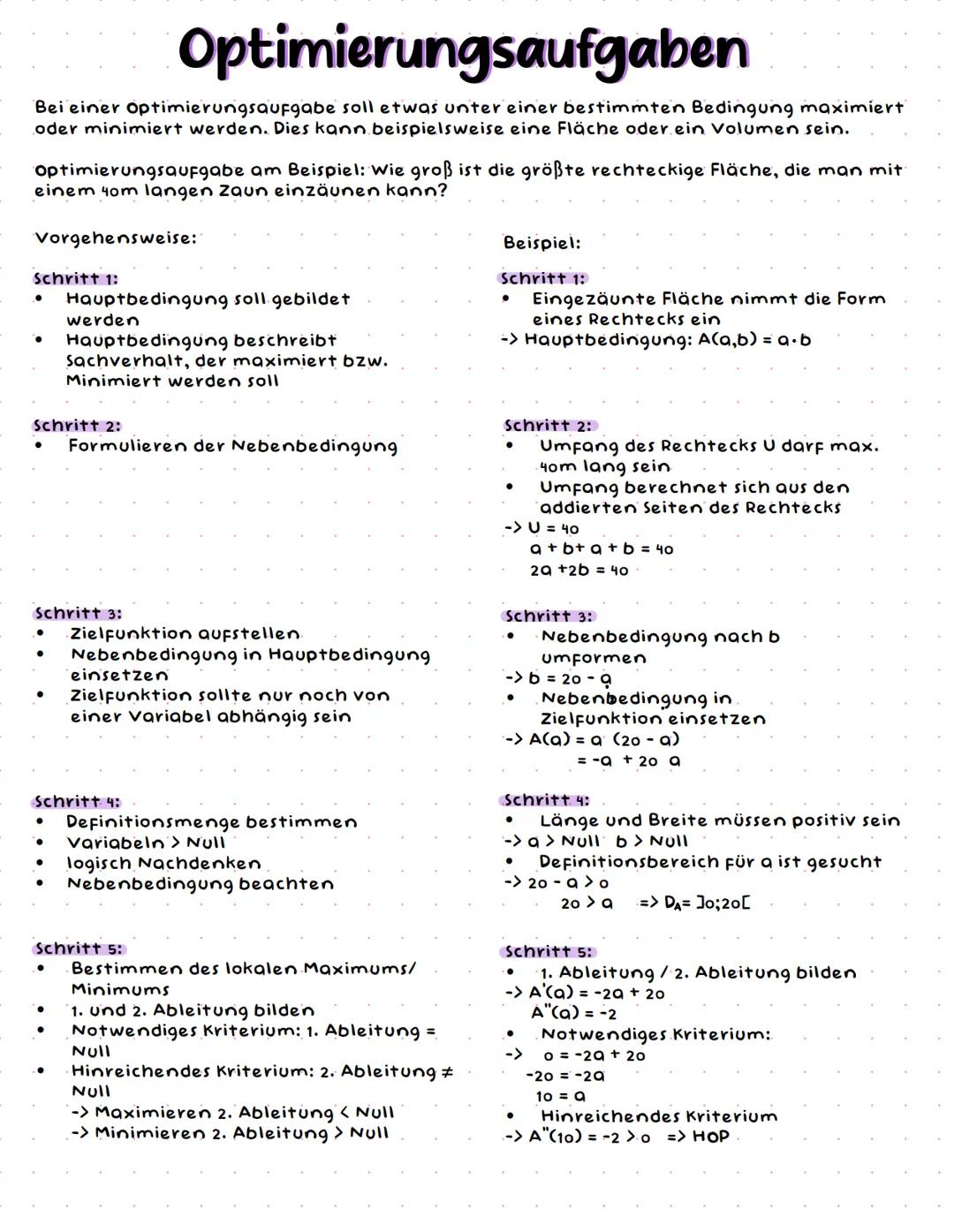 Optimierungsaufgaben
Bei einer optimierungsaufgabe soll etwas unter einer bestimmten Bedingung maximiert
oder minimiert werden. Dies kann be