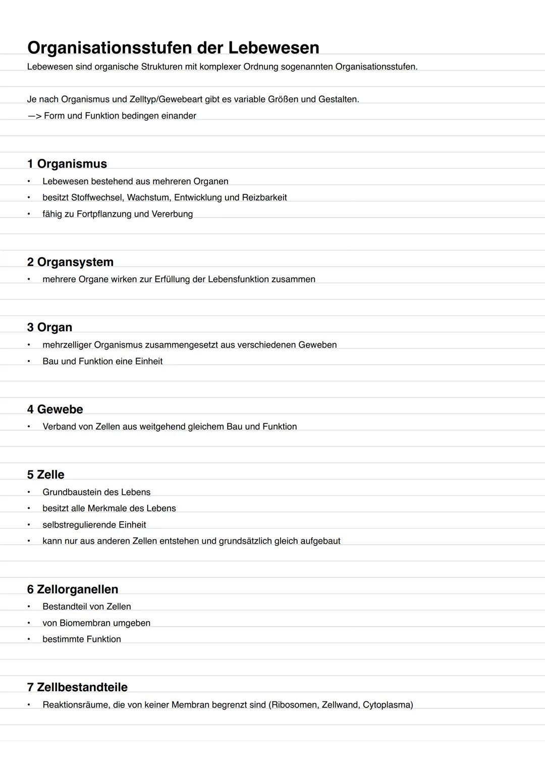 Cytologie Merkmale des Lebens
1. Stoff- und Energiewechsel
2. Reizbarkeit
3. Bewegung/Wachstum/Entwicklung
4. Forpflanzung/Vererbung
5. Aufb