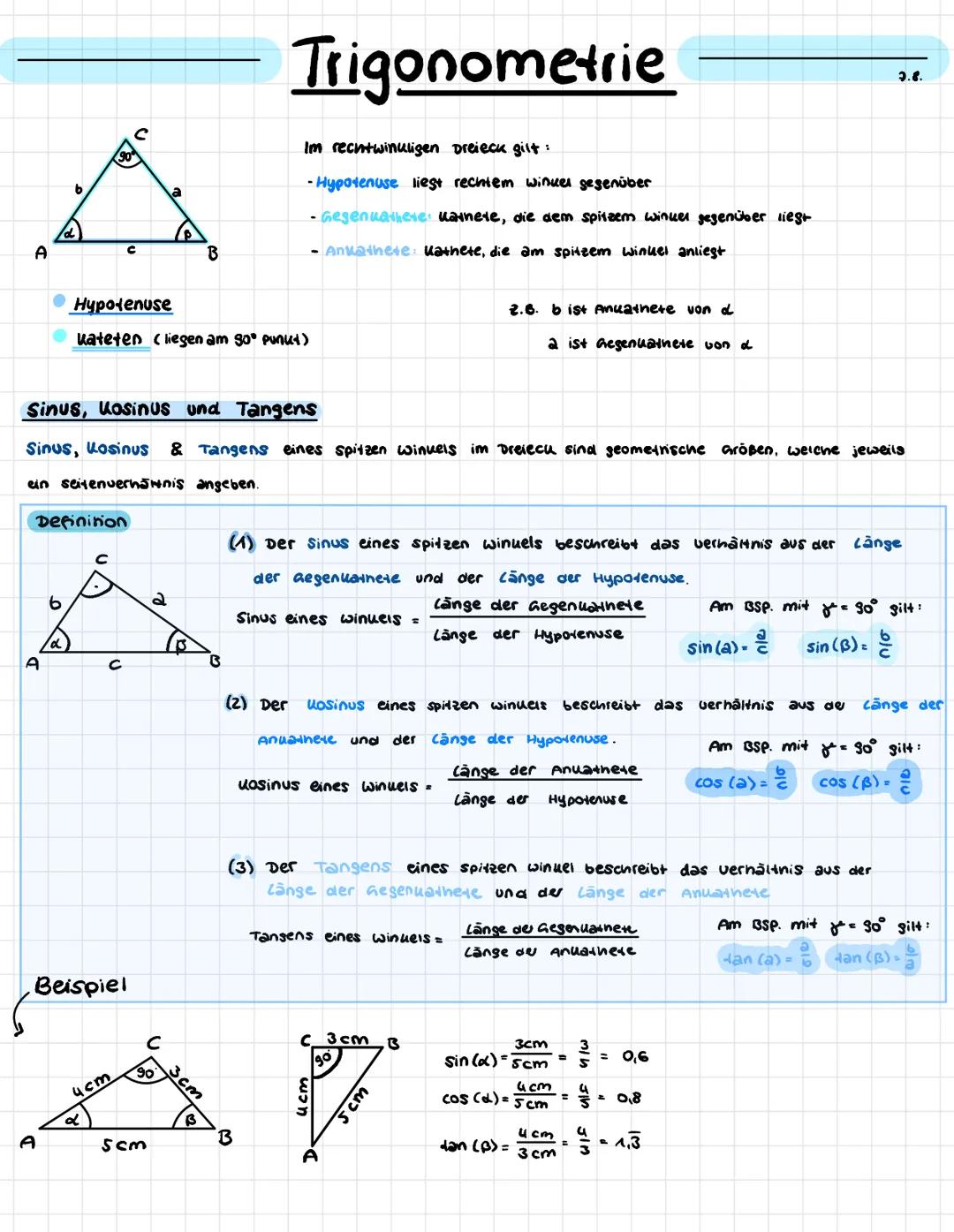 # Trigonometrie
b
C
A
C
B
Im rechtwinkligen Dreieck gilt:
-Hypotenuse liest rechtem winkel gegenüber
Gegenuatherer Karnere, die dem spi