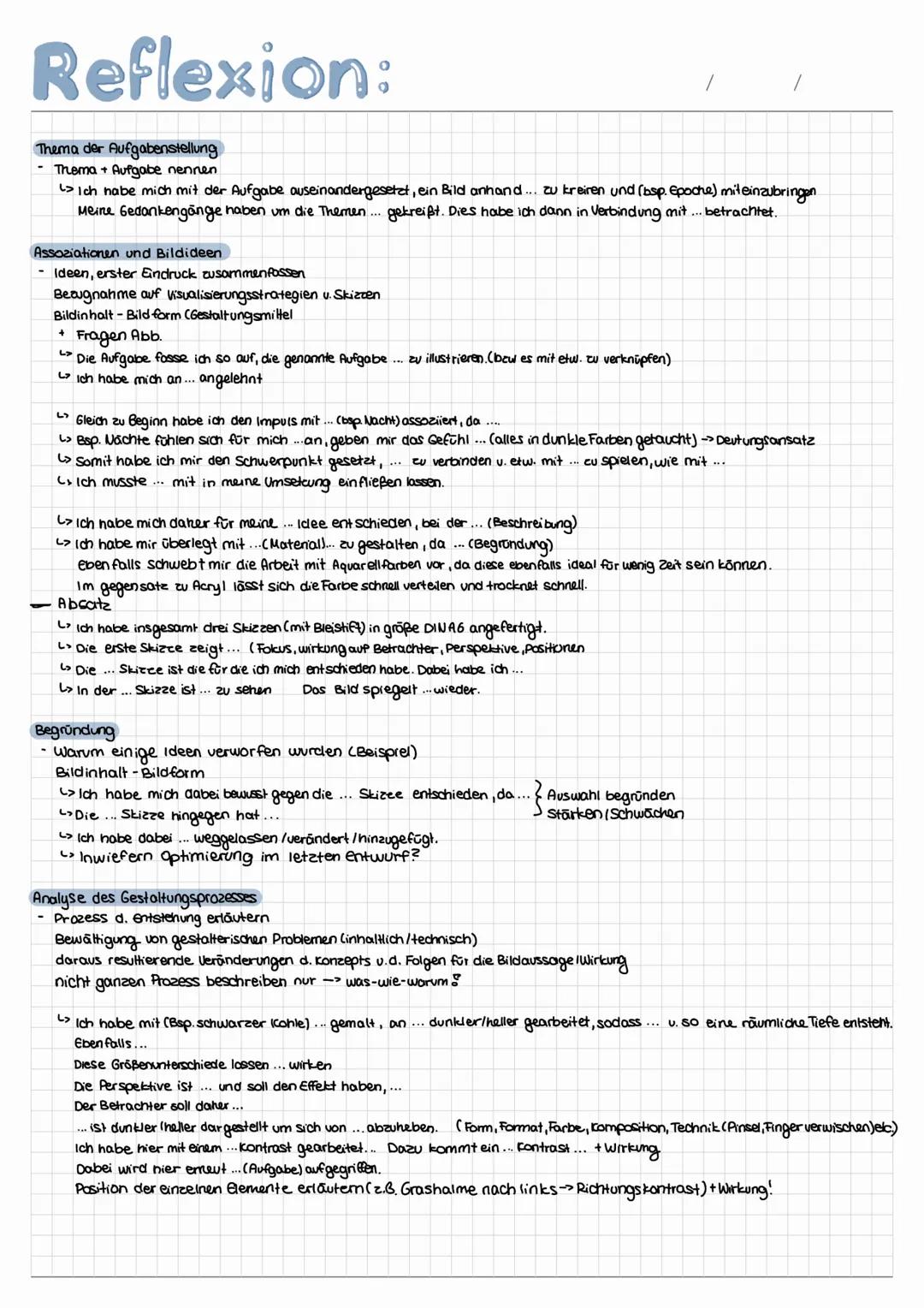 Reflexion:
der
Thema der Aufgabenstellung
Thema+Aufgabe nennen.
> Ich habe mich mit der Aufgabe auseinandergesetzt, ein Bild anhand... zu kr