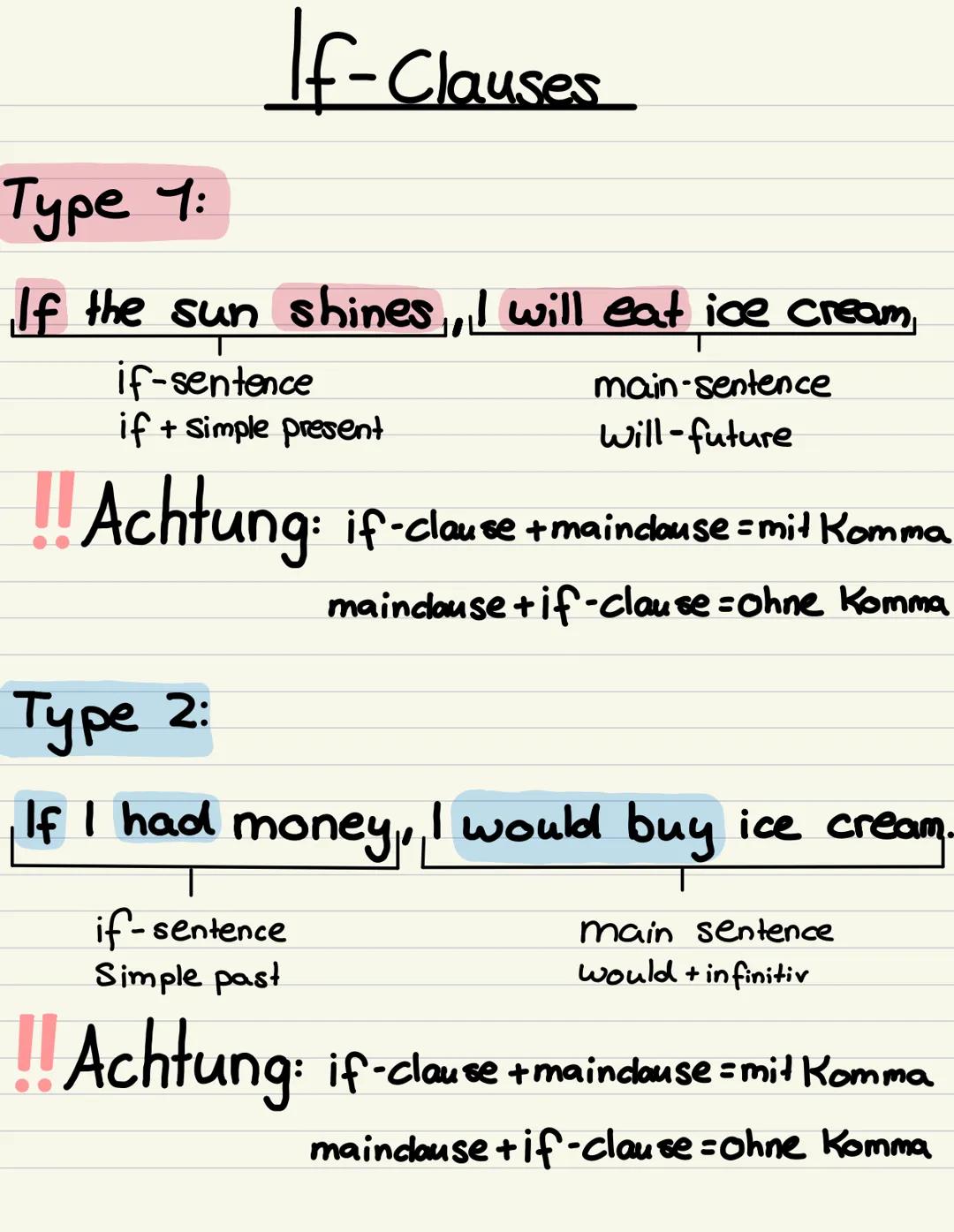 # If-Clauses
Type 1:
If the sun shines, I will eat ice cream,
if-sentence
if + simple present
main-sentence
Will-future
!!Achtung: if-c