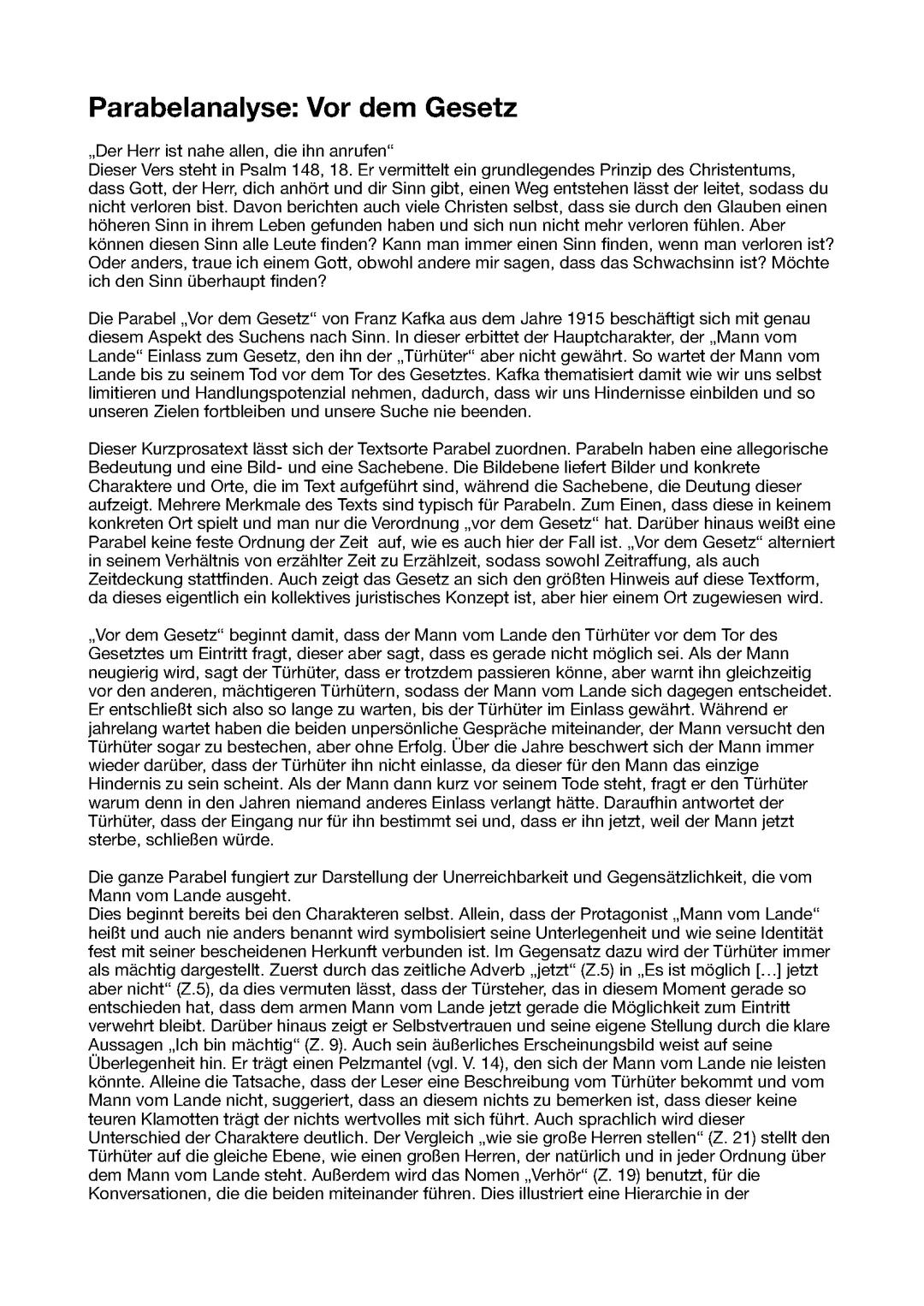Parabelanalyse „vor dem Gesetz“ von Kafka