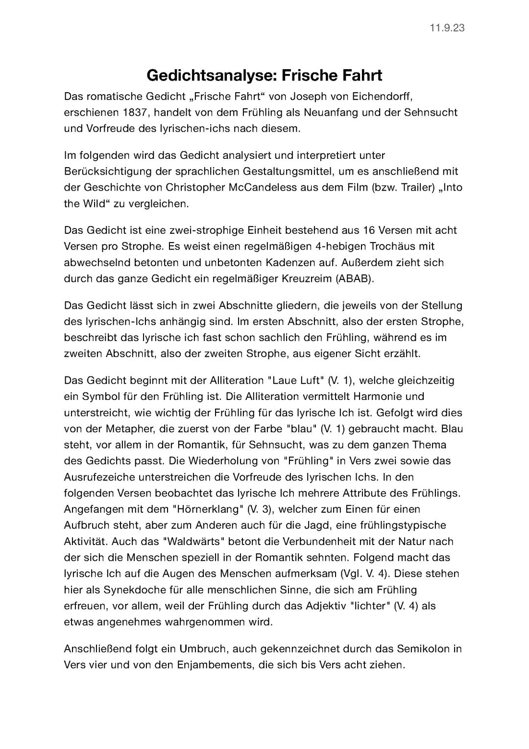 Gedichtsanalyse Frische Fahrt (Eichendorff) Romatisches Gedicht