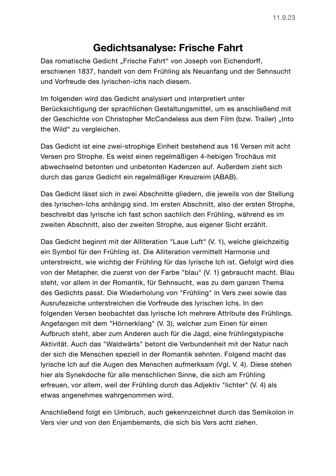 --- OCR Start ---
11.9.23
Die erste Strophe verliert hiermit ihre Ordnung, was nochmals in Vers fünf mit
dem Nomen "Wirren" illustriert wird