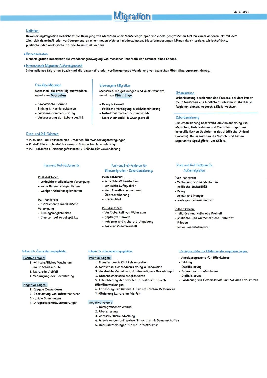 21.11.2024
# Migration
Defintion:
Bevölkerungsmigration bezeichnet die Bewegung von Menschen oder Menschengruppen von einem geografischen O