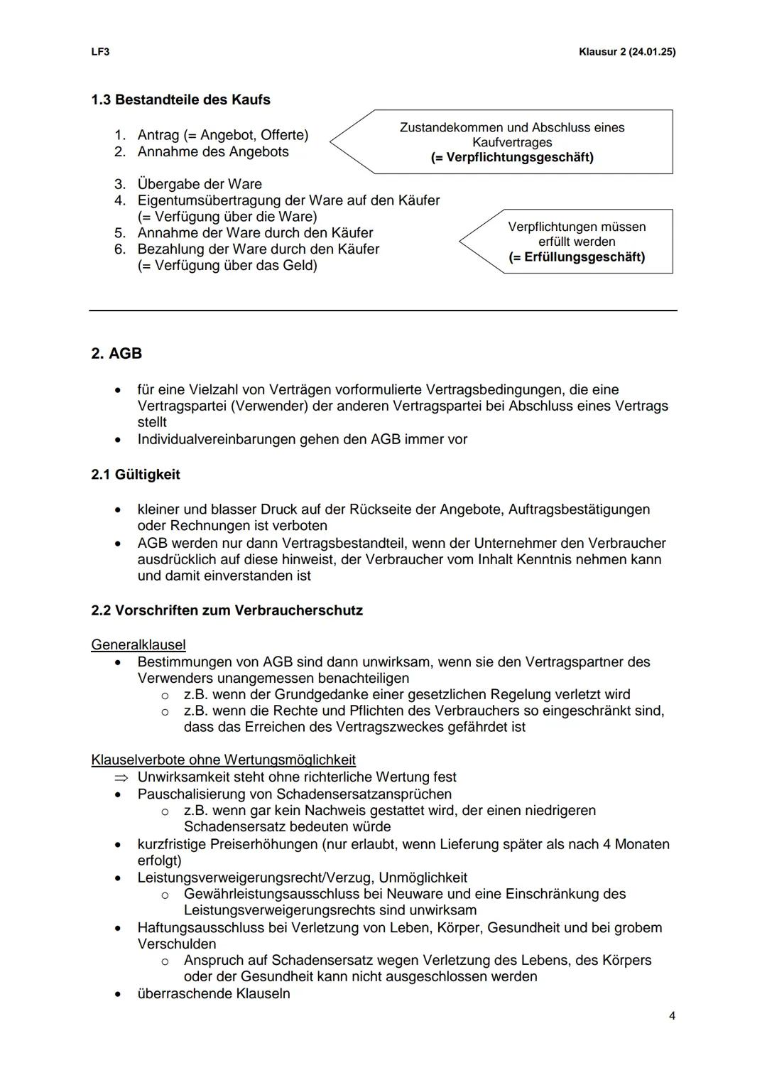 --- OCR Start ---
LF3
Inhalt
Lernzettel
Klausur 2 (24.01.25)
1. Kaufvertrag.
2
1.1 Zustandekommen Kaufvertrag (Antrag und Annahme)
2
1.2 Bei