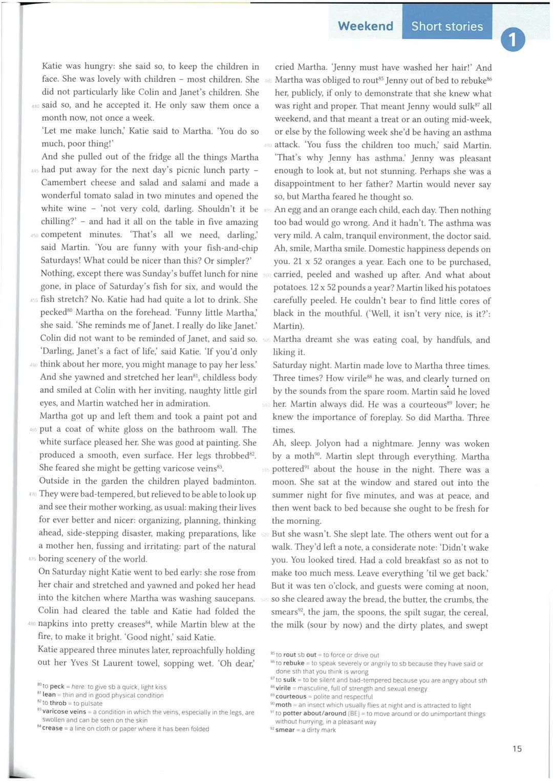 # 1
Short stories Weekend
10
Weekend
by Fay Weldon
By seven-thirty they were ready to go. Martha had
everything packed into the car and th