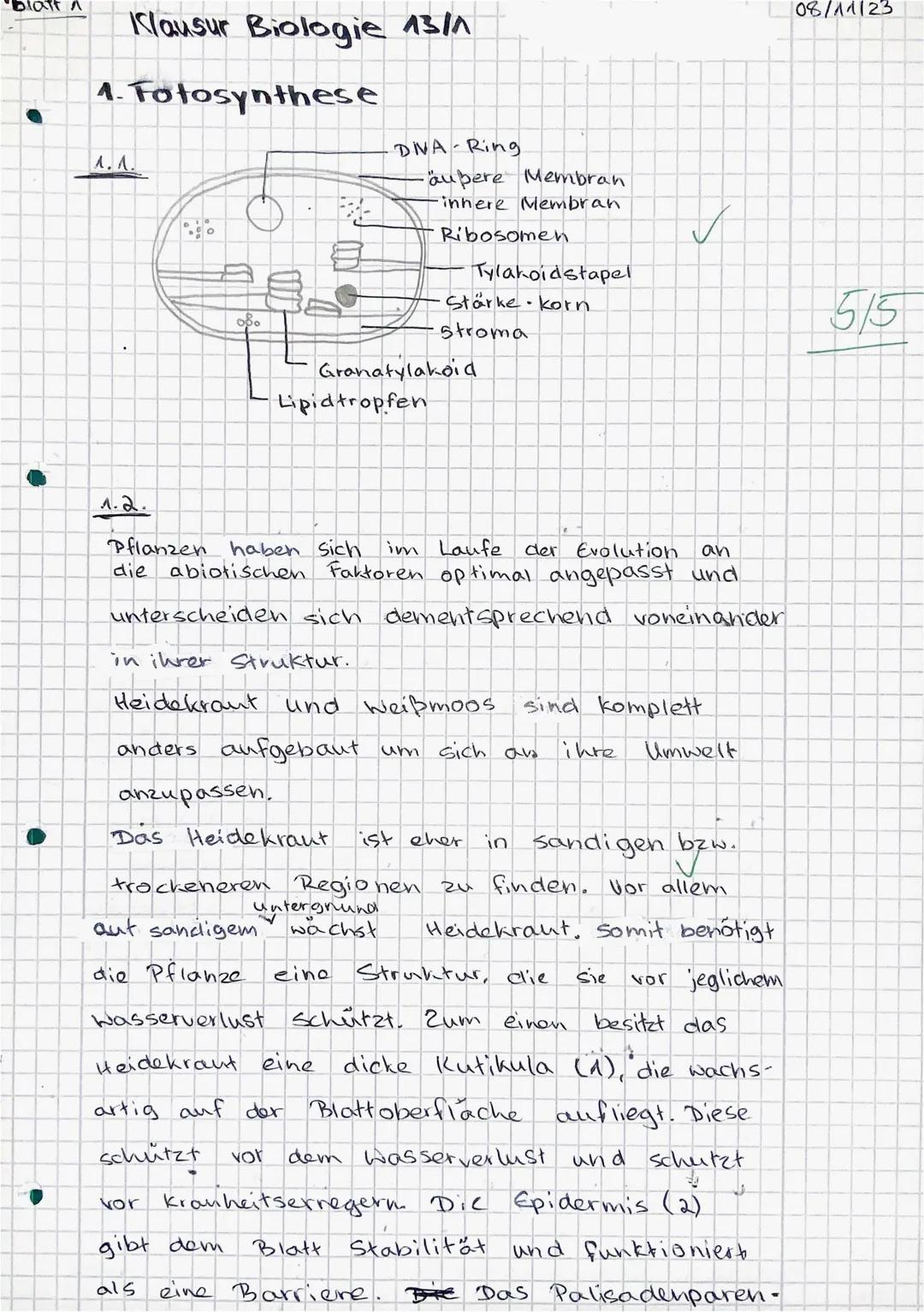 Biologie-Klausur 2023 LK 13 - Thema: Ökologie
1. Die Fotosynthese ist ein biochemischer Vorgang, der bei grünen Pflanzen und
einigen Bakter