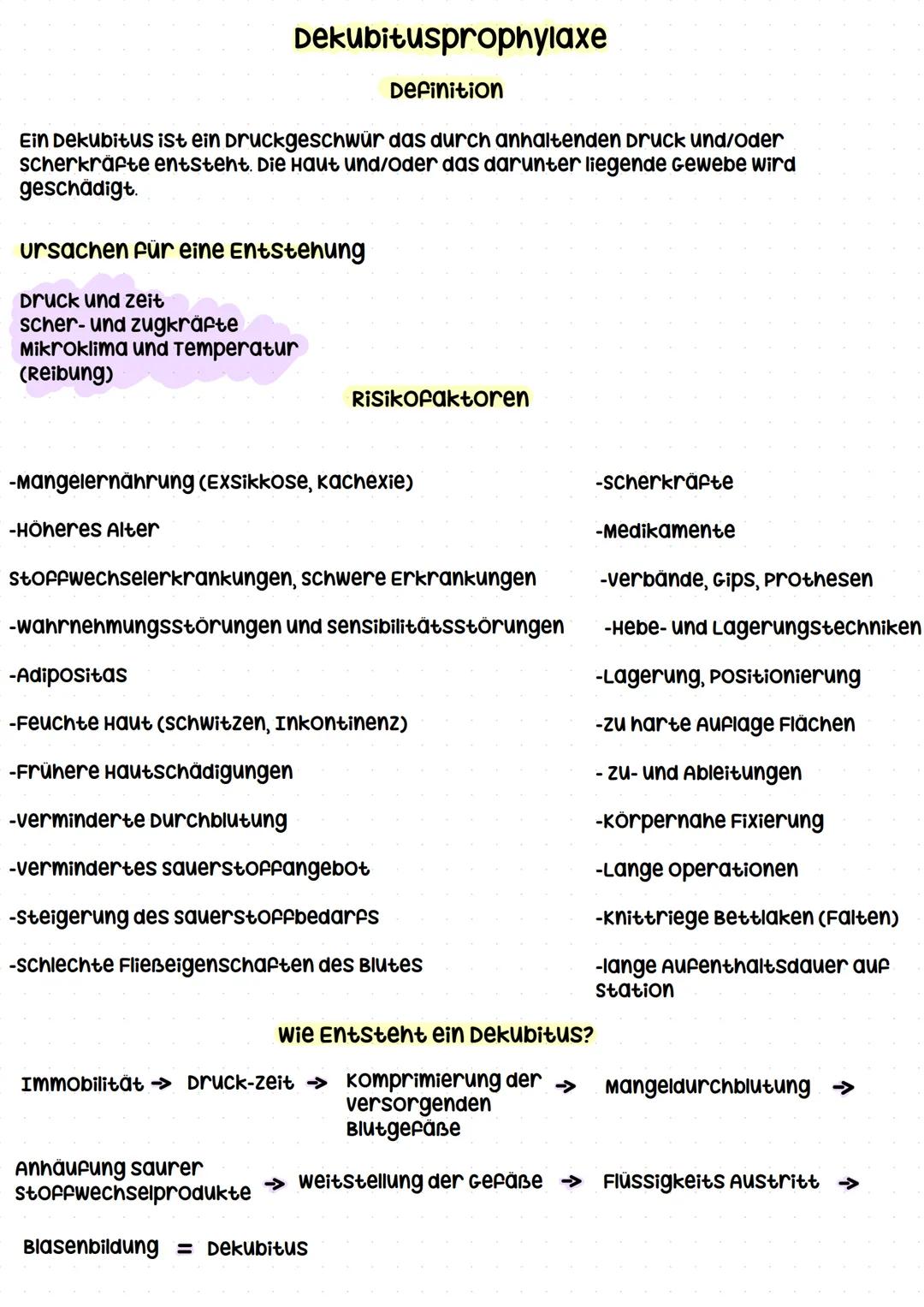# Dekubitusprophylaxe --- OCR Start ---
Dekubitusprophylaxe
Definition
Ein Dekubitus ist ein Druckgeschwür das durch anhaltenden Druck und/o