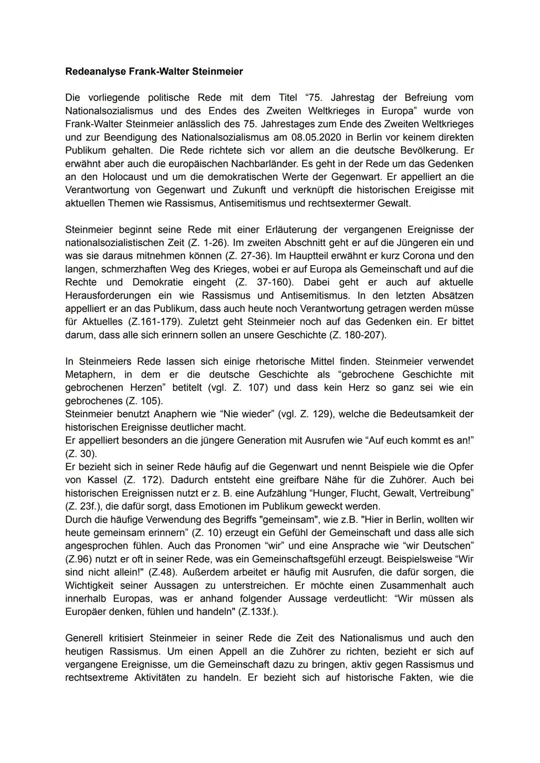 # Redeanalyse Frank-Walter Steinmeier
Die vorliegende politische Rede mit dem Titel "75. Jahrestag der Befreiung vom
Nationalsozialismus un