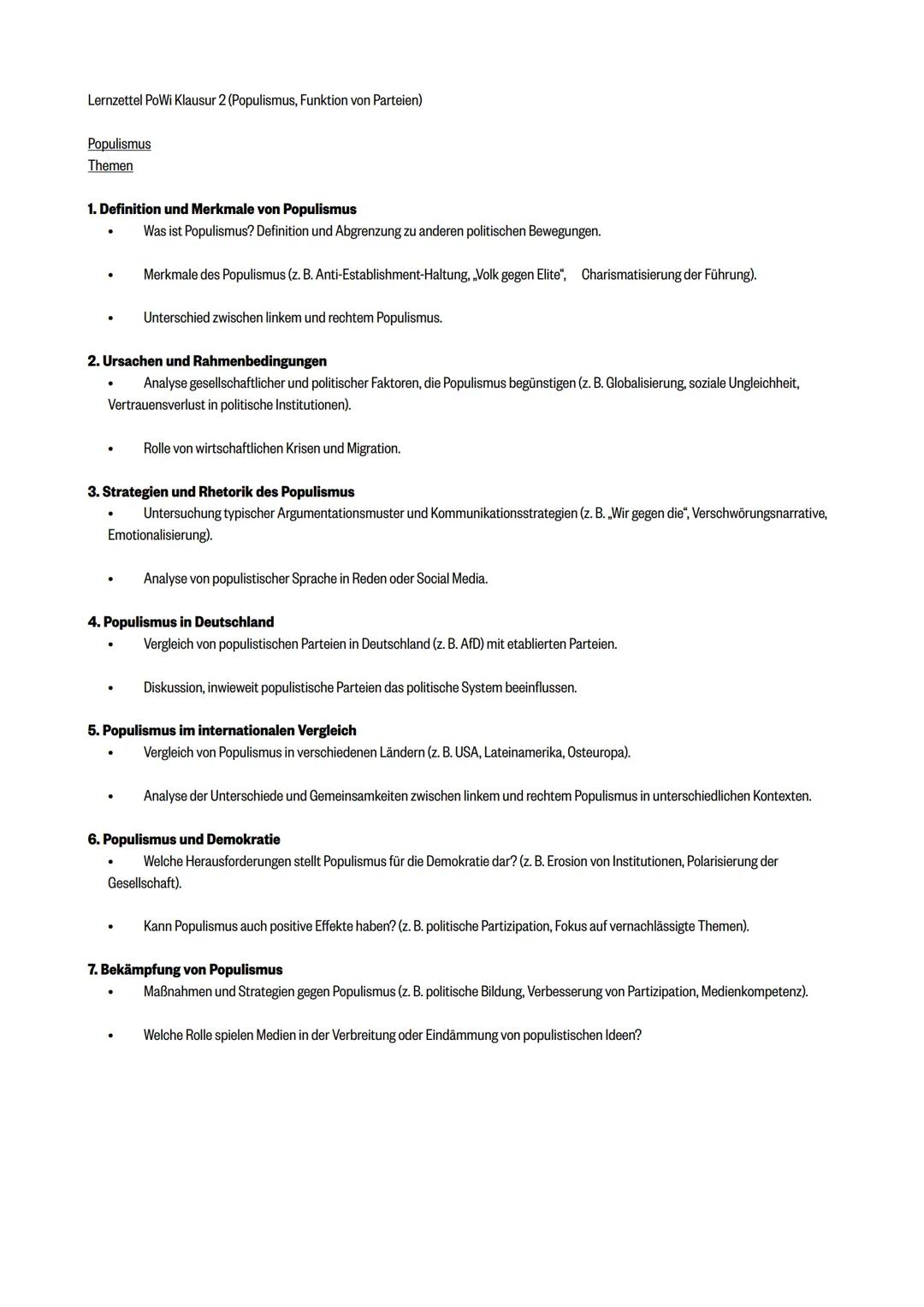# Lernzettel PoWi Klausur 2 (Populismus, Funktion von Parteien)
# Populismus
Themen
# 1. Definition und Merkmale von Populismus
- Was ist