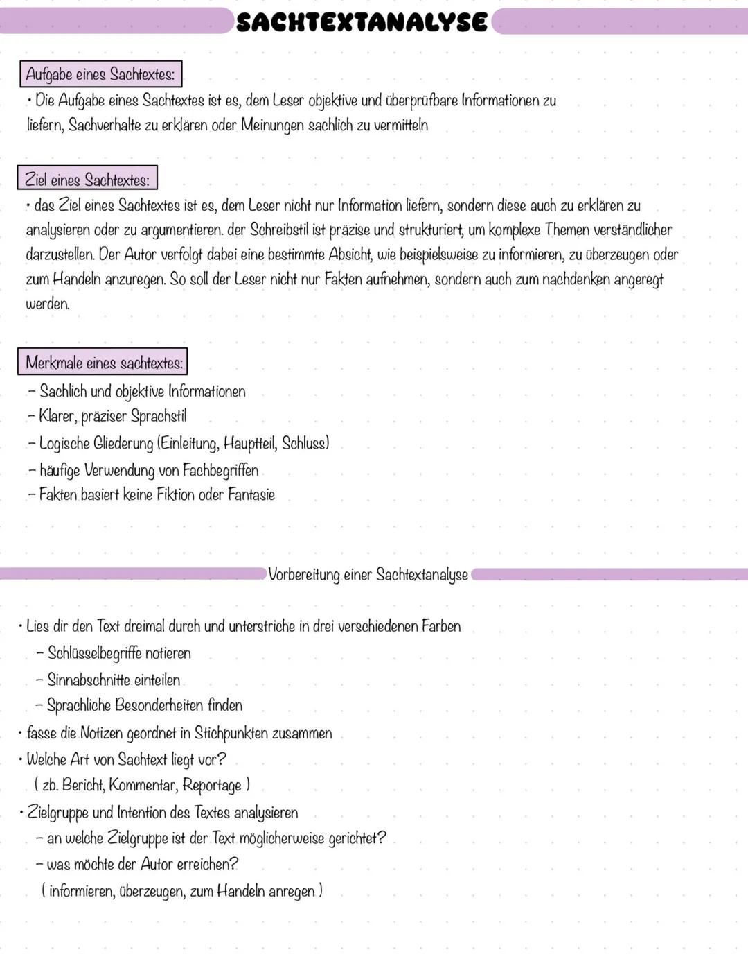 --- OCR Start ---
Aufgabe eines Sachtextes:
SACHTEXTANALYSE
• Die Aufgabe eines Sachtextes ist es, dem Leser objektive und überprüfbare Info