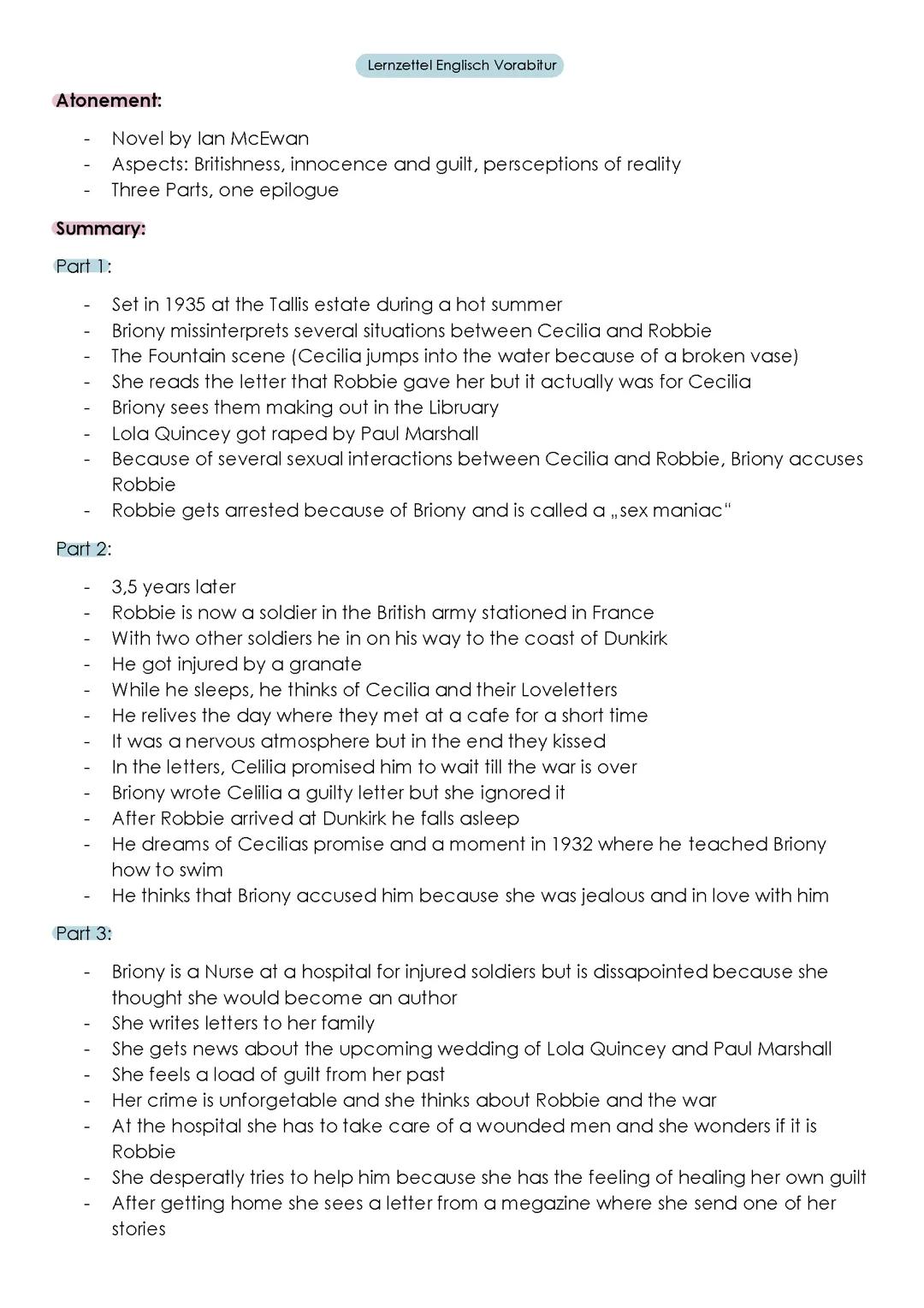 Atonement Lernzettel