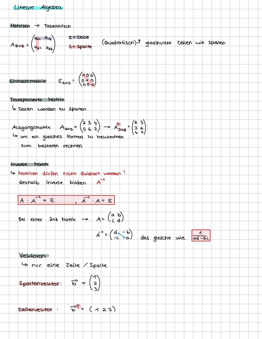 Lineare Algebra
Matrizen Tabellarisch
$Azxs = \begin{pmatrix} a_{11} & a_{12} \\ a_{21} & a_{22} \end{pmatrix}$ $z = zeile$
(Quadratisch