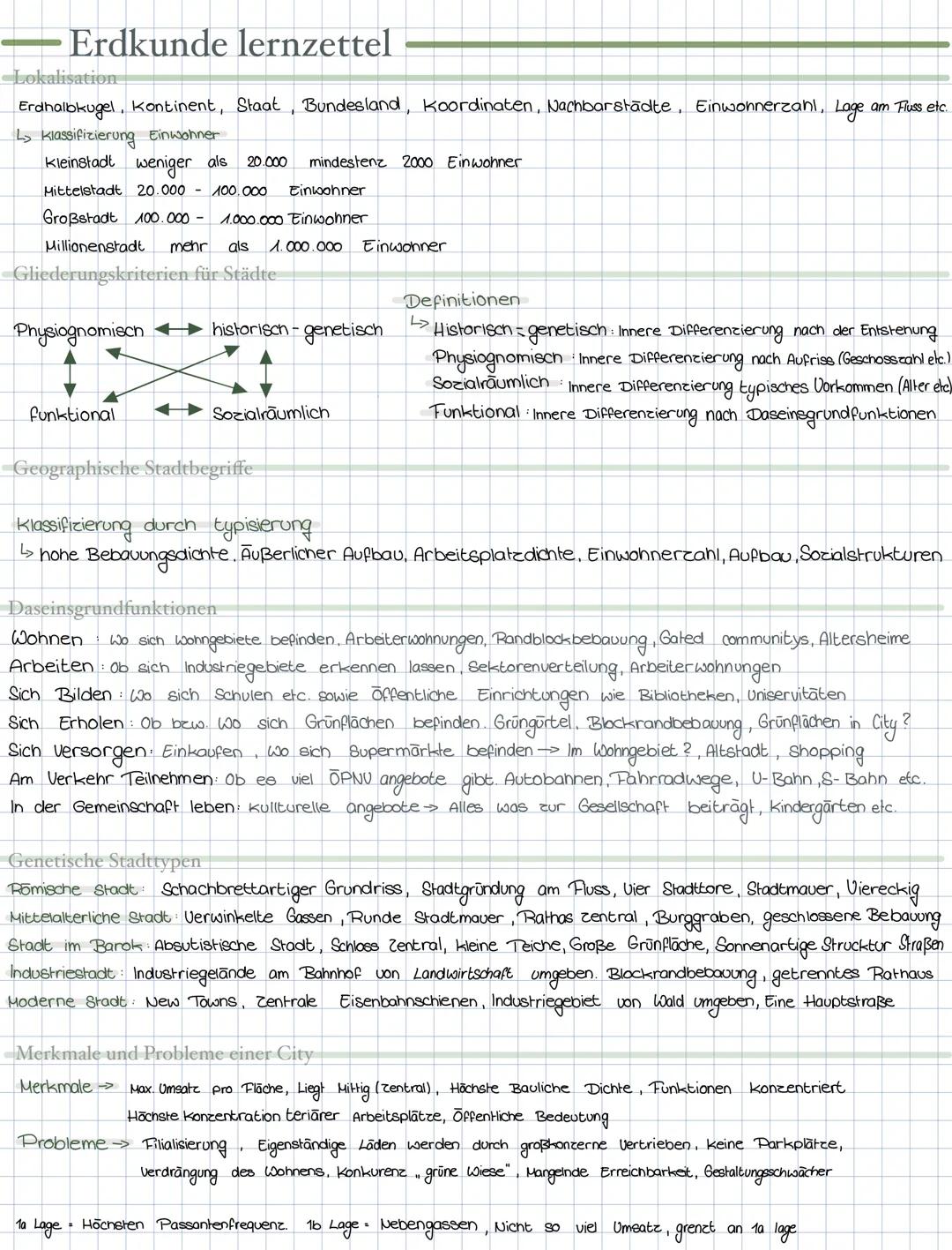 Erdkunde Q1 Stadtgeographie Daseinsgrundfunktionen Lernzettel