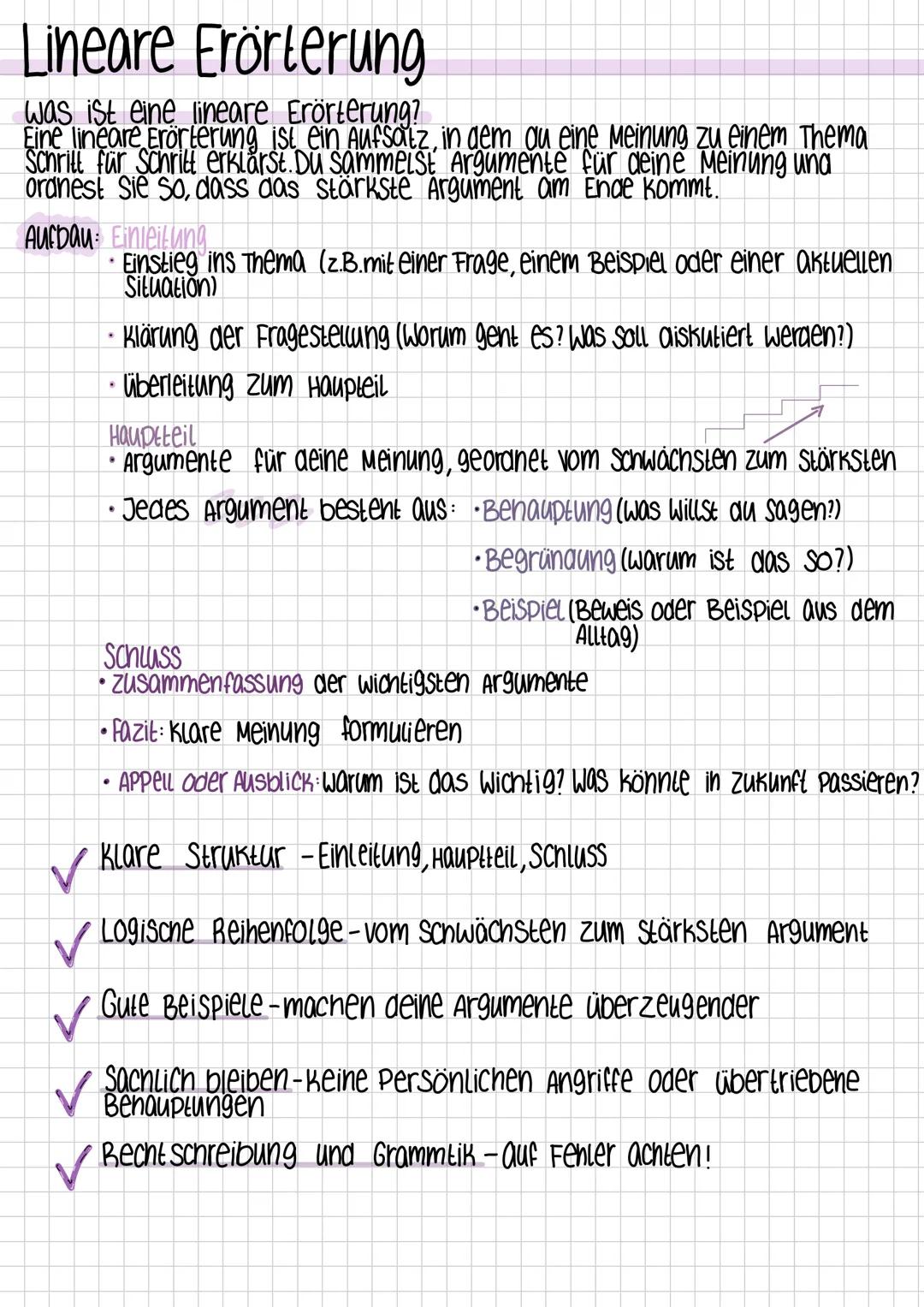 --- OCR Start ---
Lineare Erörterung
was ist eine lineare Erörterung?
Eine lineare Erörterung ist ein Aufsatz, in dem du eine Meinung zu ein