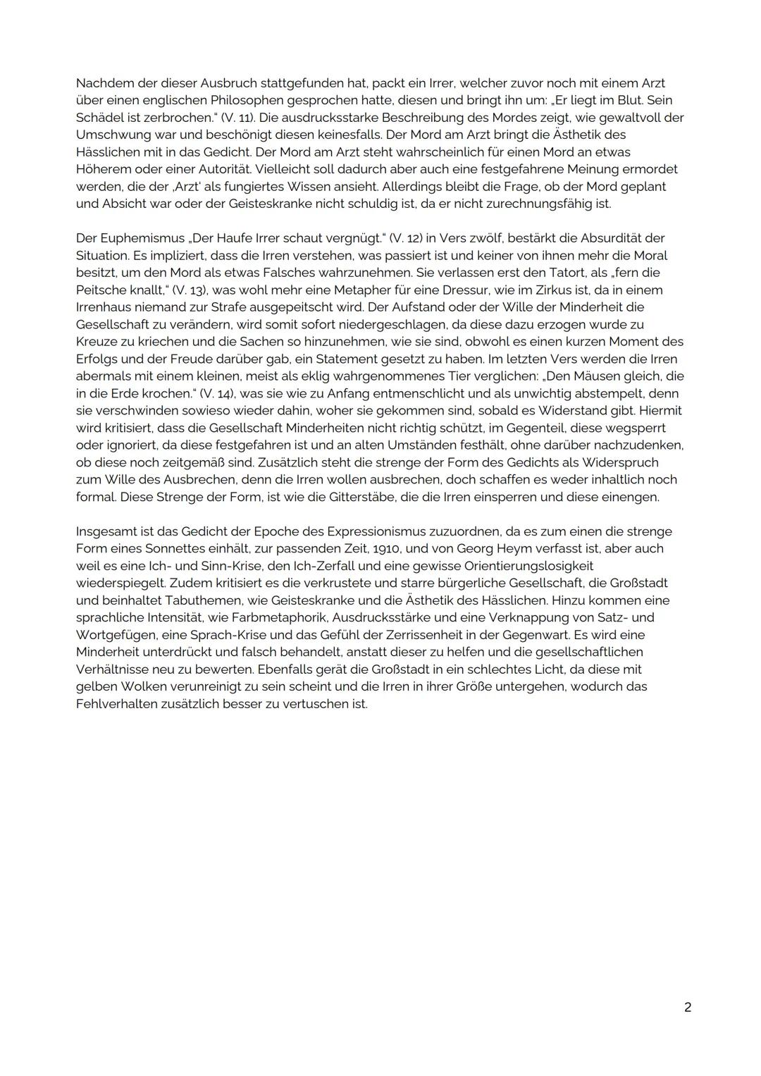 # Die Irren
Titel kündigt Irrisn der Gesellschaft an
Georg Heym (1910)
| | Personifikation | →Farbmetaphorik |
|---|---|---|
| 1 | Der Mond