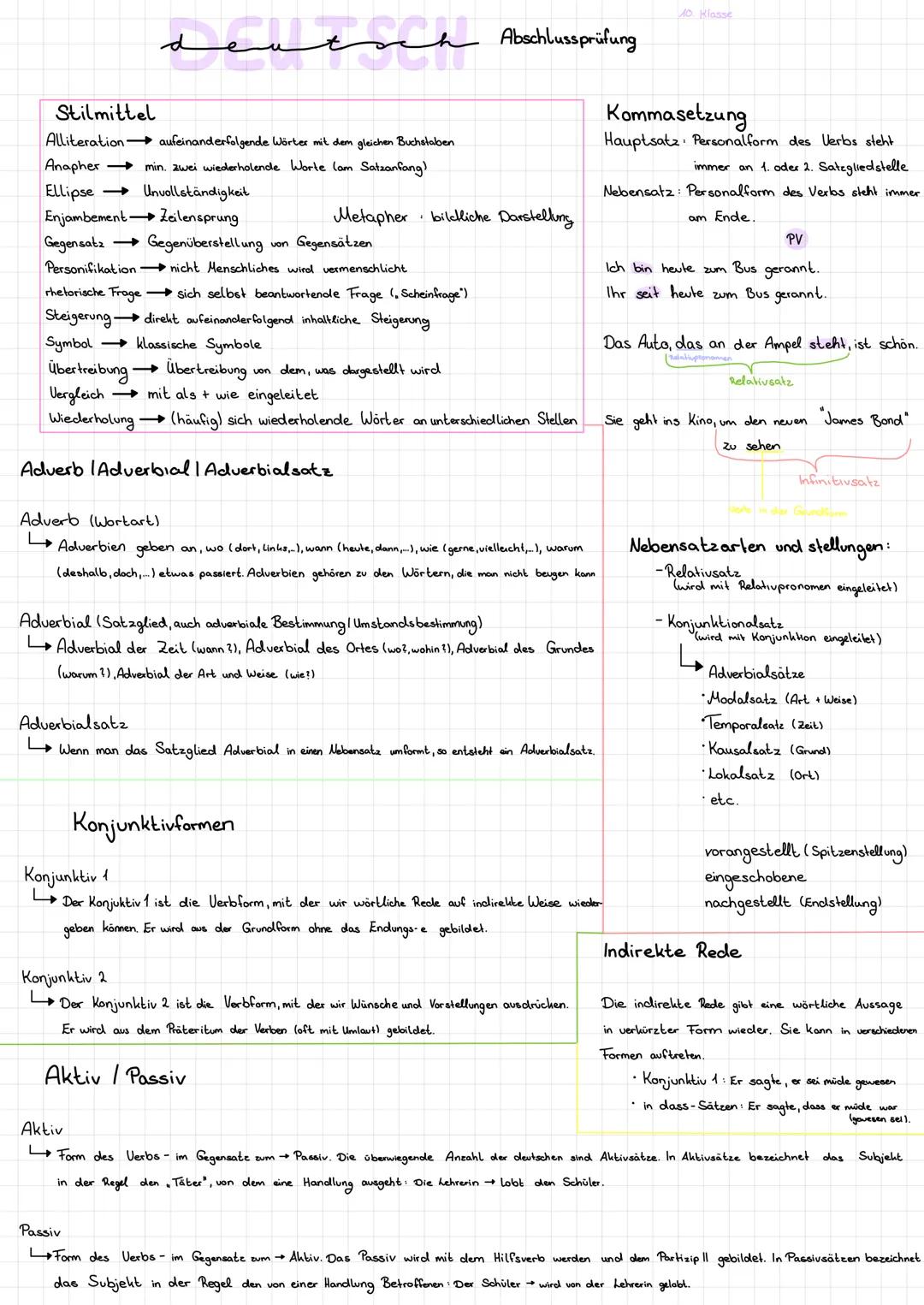 # Deutsch Abschlussprüfung
Stilmittel
Alliteration aufeinanderfolgende Wörter mit dem gleichen Buchstaben
Anapher min. zwei wiederholende