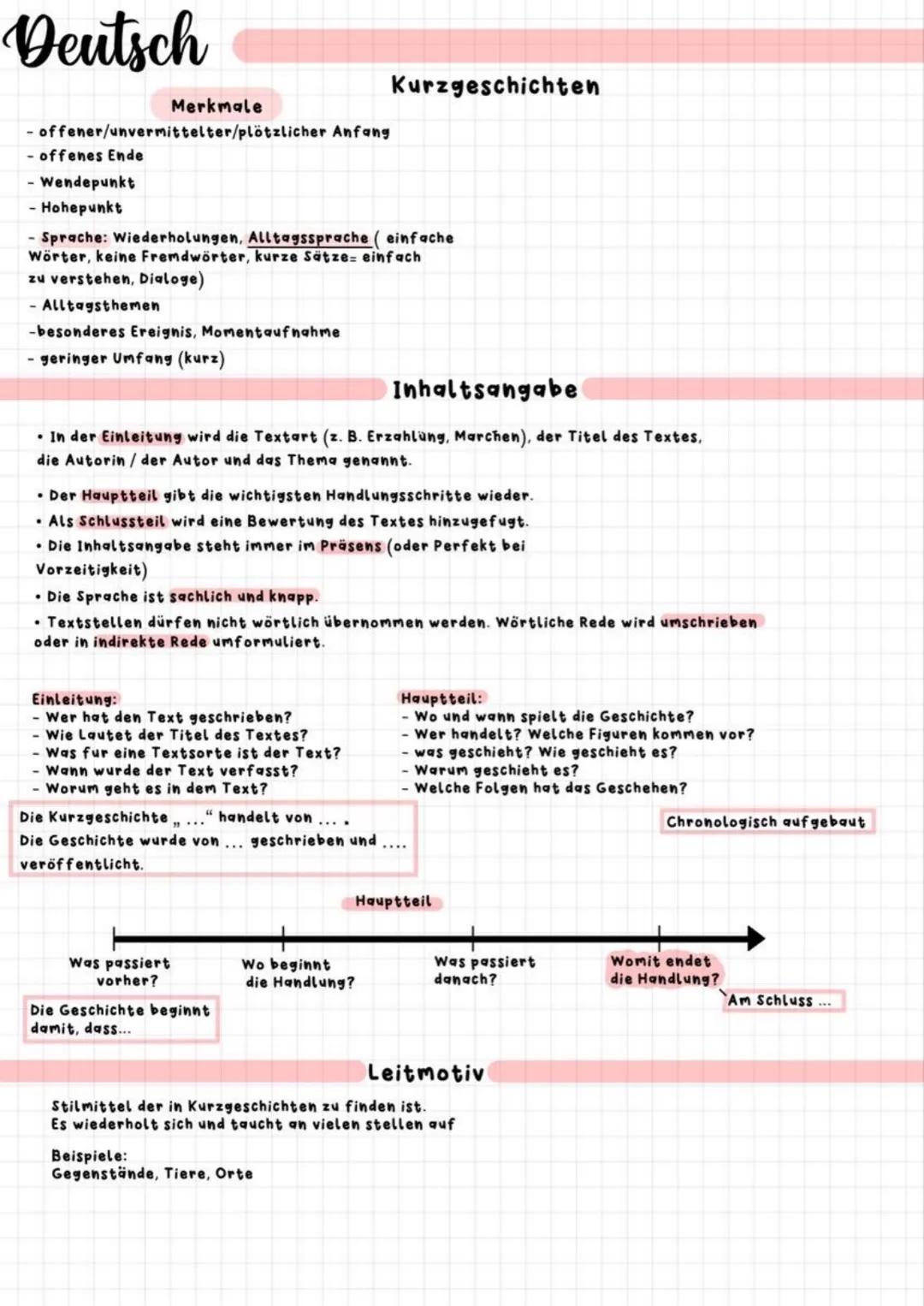 --- OCR Start ---
Deutsch
Merkmale
Kurzgeschichten
- offener/unvermittelter/plötzlicher Anfang
- offenes Ende
- Wendepunkt
- Hohepunkt
Sprac