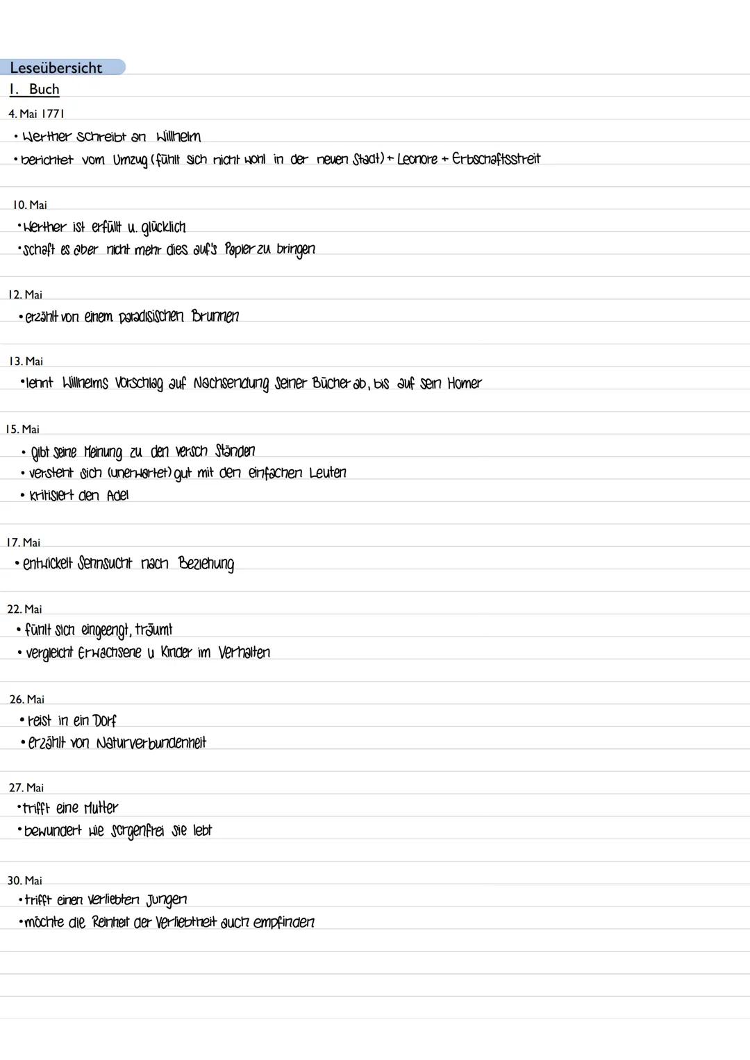 --- OCR Start ---
Leseübersicht
1. Buch
4. Mai 1771
• Werther Schreibt an Willhelm
• berichtet vom Umzug (fühlt sich nicht wohl in der neuen