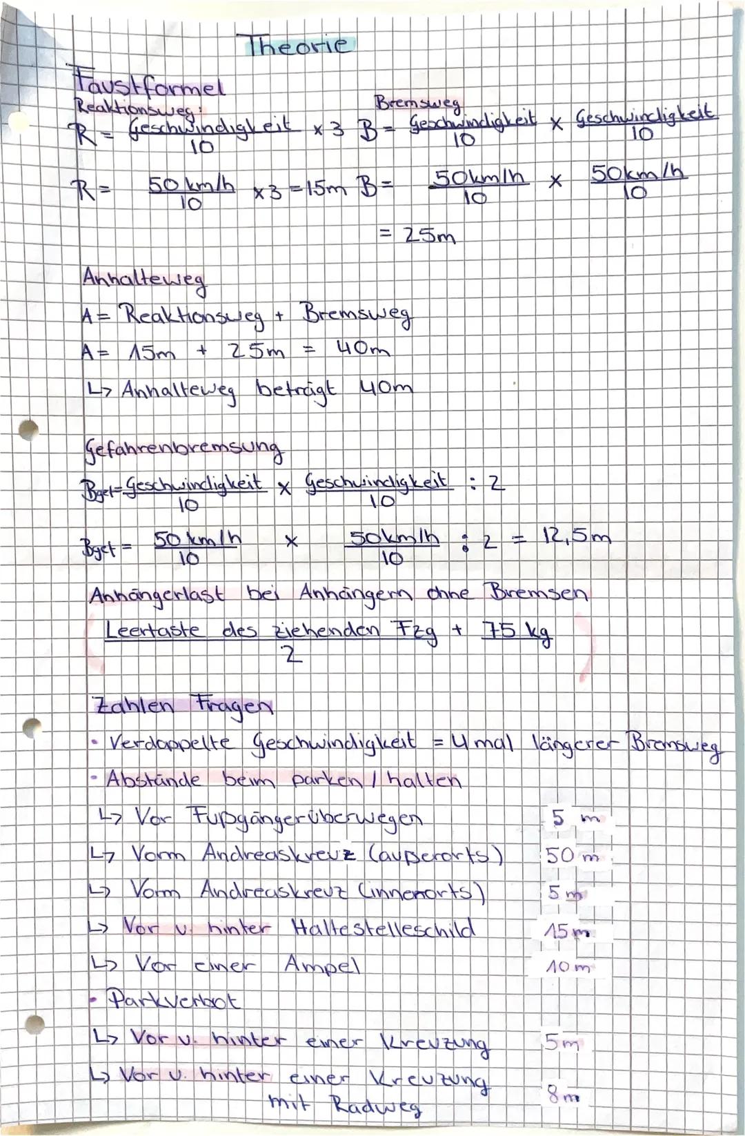 # Theorie
# Faustformel
Reaktionsweg
$R = \frac{Geschwindigkeit}{10} \times 3$
Bremsweg
$B = \frac{Geschwindigkeit}{10} \times \frac{Geschw