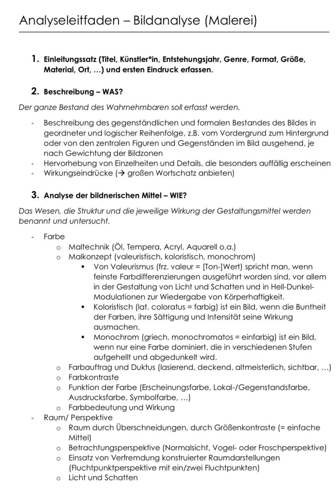 --- OCR Start ---
Analyseleitfaden - Bildanalyse (Malerei)
1. Einleitungssatz (Titel, Künstler*in, Entstehungsjahr, Genre, Format, Größe,
Ma