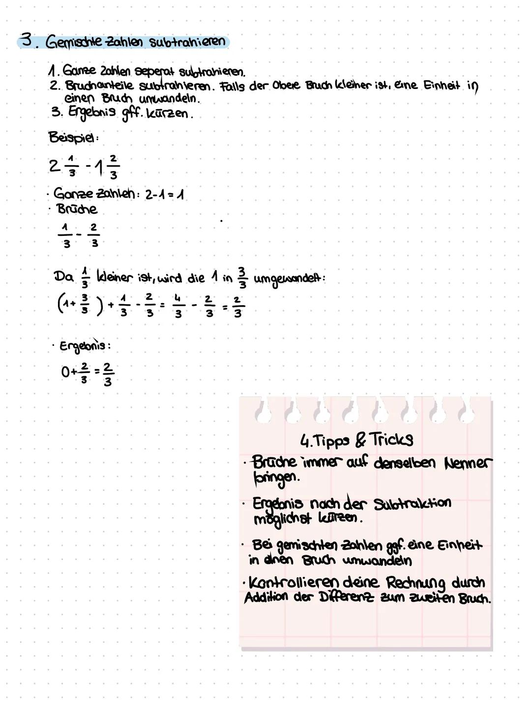 # Brüche Subtrahieren
1. Grundprinzip der Bruchs subtraktion
Beim Subtrahieren von Brüchen müssen die Nenner (untere Zahl )
gleich sein. Fa