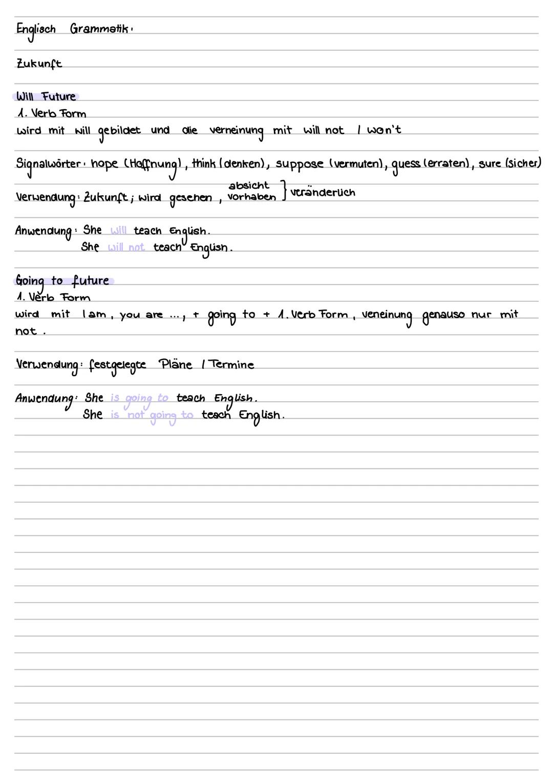 Englisch Grammatik.
Gegenwart
Simple Present:
1 Verb Form
bei he, she, it kommt ein $s$ ans Verb
verneinung wird mit don't bzw. bei he, she