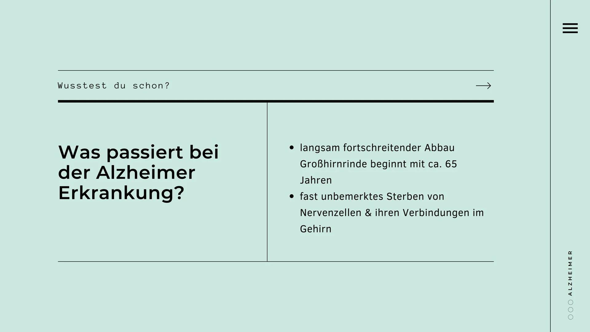 # Neurodegenerative Erkrankung
Alzheimer
Präsentiert von
ooo --- OCR Start ---
Übersicht
allgemeine Informationen & Alois Alzheimer
>
Was