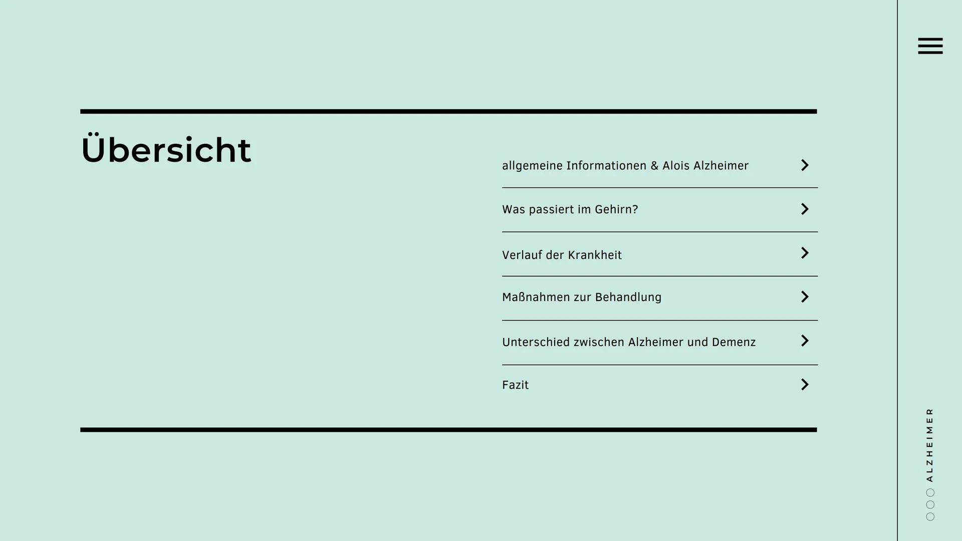 # Neurodegenerative Erkrankung
Alzheimer
Präsentiert von
ooo --- OCR Start ---
Übersicht
allgemeine Informationen & Alois Alzheimer
>
Was