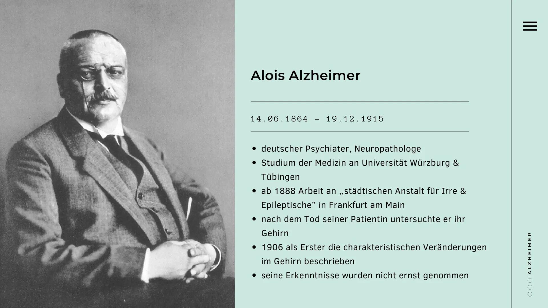 # Neurodegenerative Erkrankung
Alzheimer
Präsentiert von
ooo --- OCR Start ---
Übersicht
allgemeine Informationen & Alois Alzheimer
>
Was
