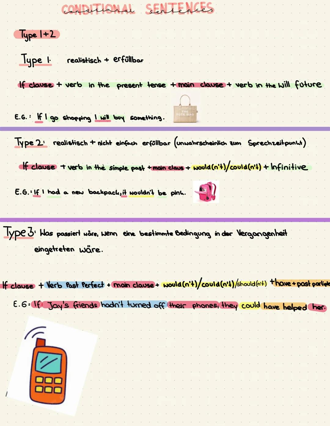 # CONDITIONAL SENTENCES
Type 1+2
Type 1 realistisch + erfüllbar
If clause + verb in the present tense + main clause + verb in the will fu