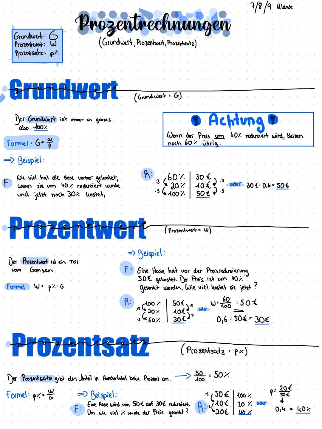 Grundwet: G
Prozentwet: W
Prozentsatz: pr.
# Prozentrechnungen
(Grundwert, Prozentwert, Prozentsatz)
# Grundwert
(Grund wert = 6)
Der Grun